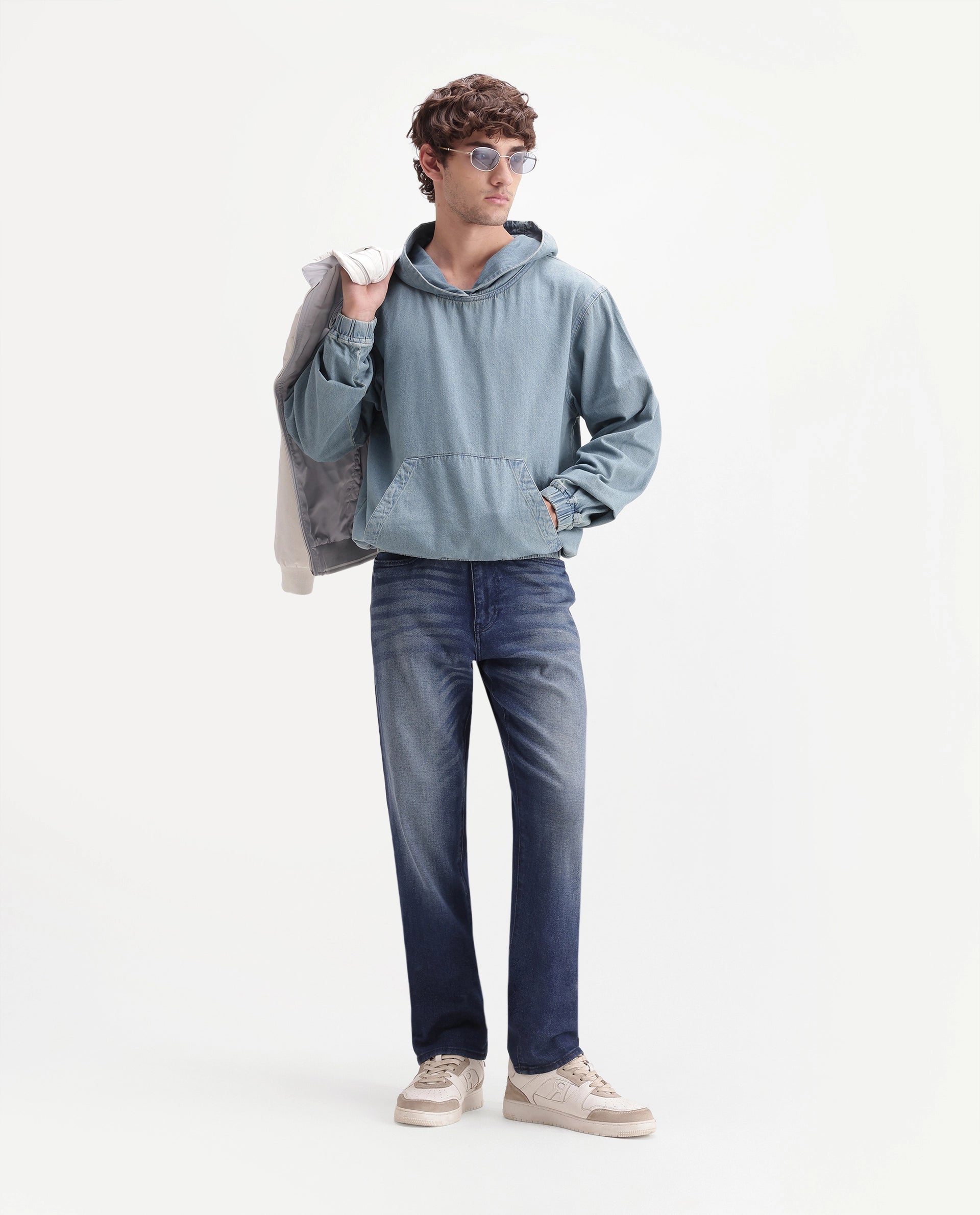 Rare Rabbit Men's Voltas Light Blue Cotton Plain Oversized Fit Full Sleeve Hooded Sweatshirt