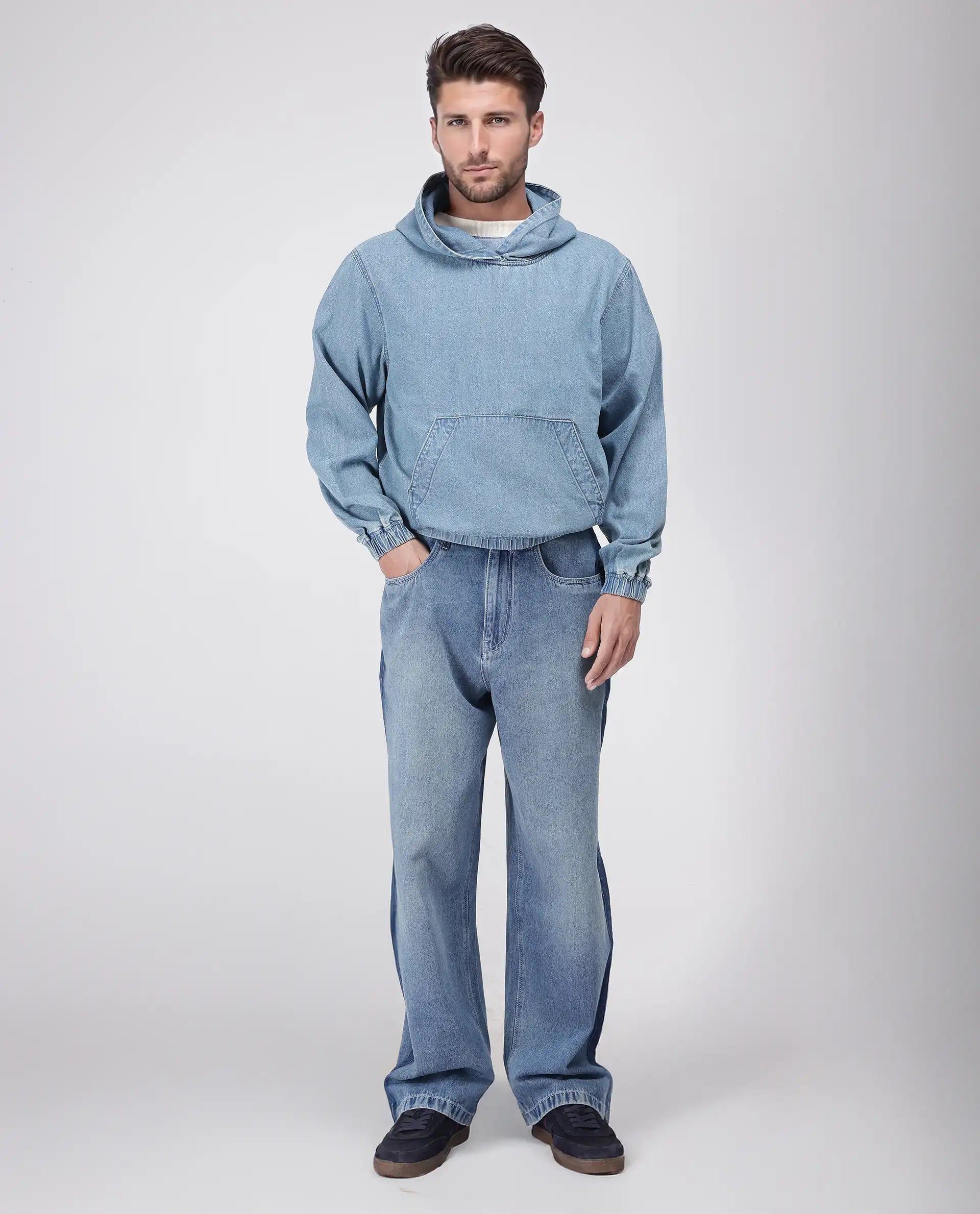 Rare Rabbit Men's Voltas Light Blue Cotton Fabric Full Sleeve Hooded Oversized Fit Plain Sweatshirt