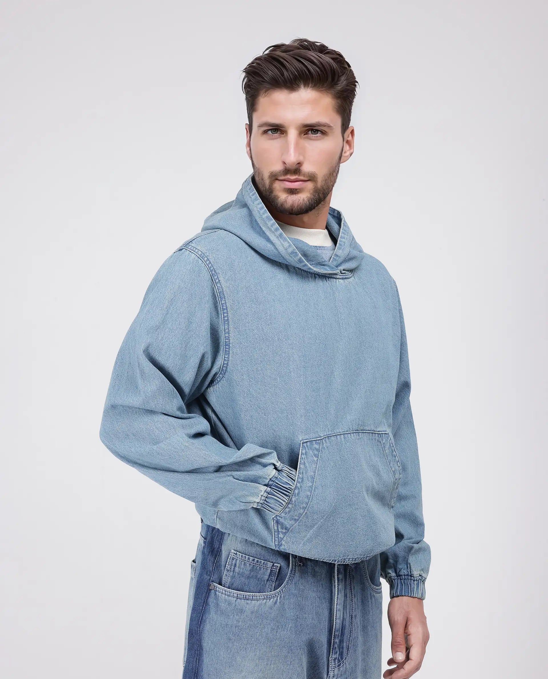 Rare Rabbit Men's Voltas Light Blue Cotton Fabric Full Sleeve Hooded Oversized Fit Plain Sweatshirt