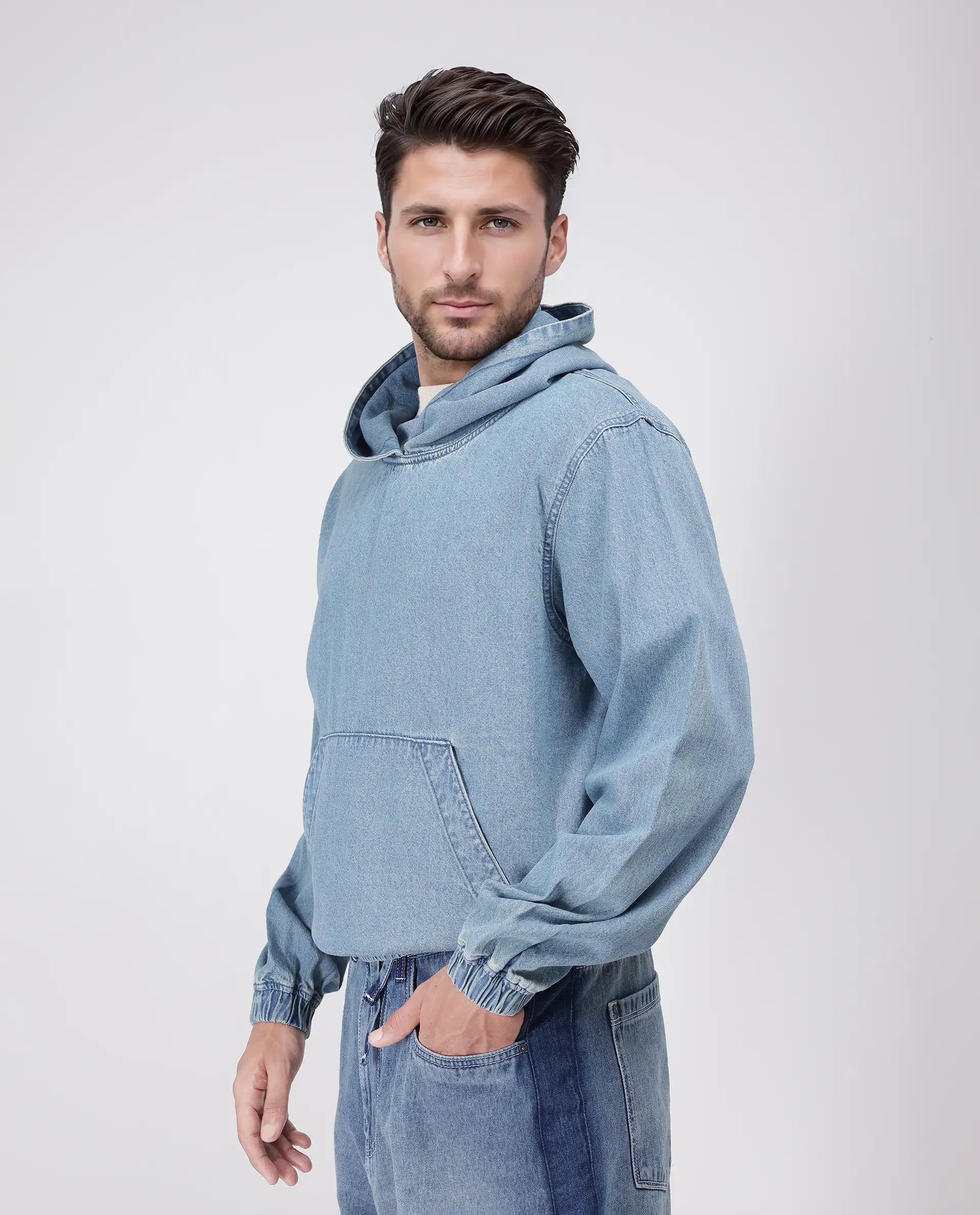 Rare Rabbit Men's Voltas Light Blue Cotton Fabric Full Sleeve Hooded Oversized Fit Plain Sweatshirt