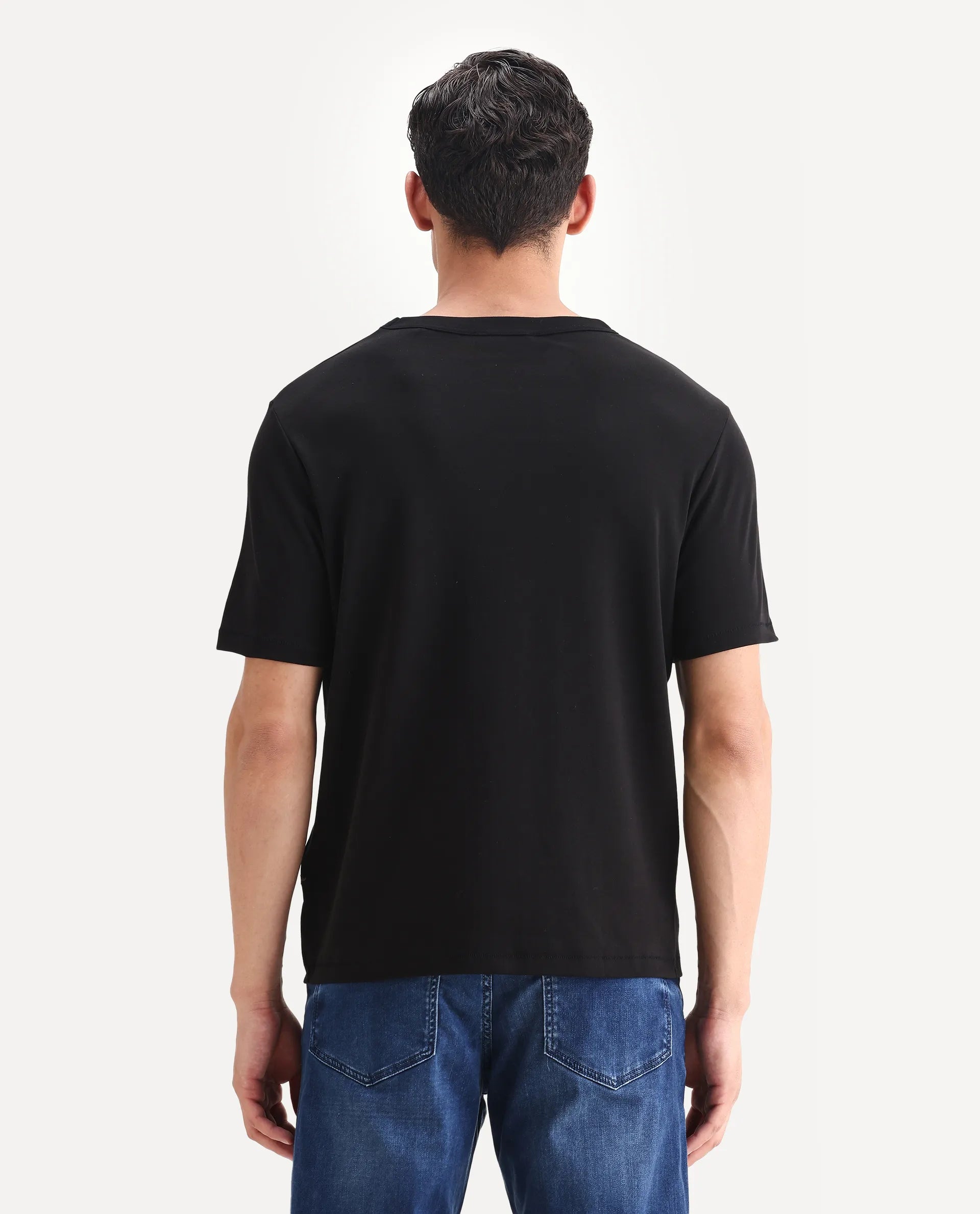 Rare Rabbit Men's Volt Black Cotton Plain Regular Fit Half Sleeve Crew Neck T-Shirt