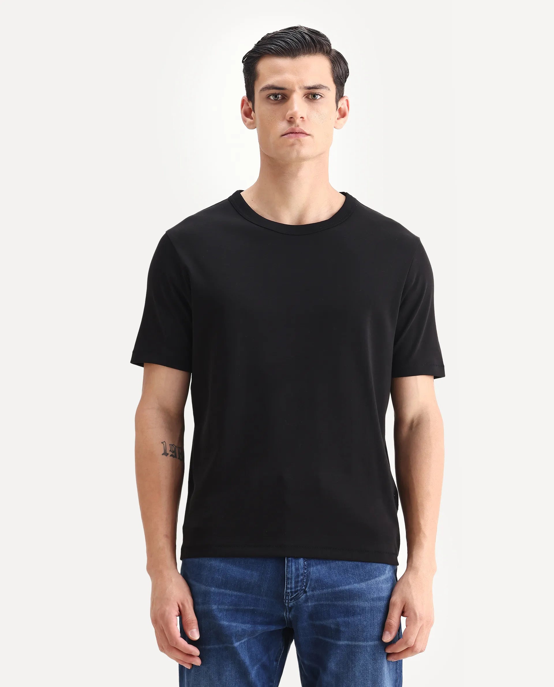 Rare Rabbit Men's Volt Black Cotton Plain Regular Fit Half Sleeve Crew Neck T-Shirt