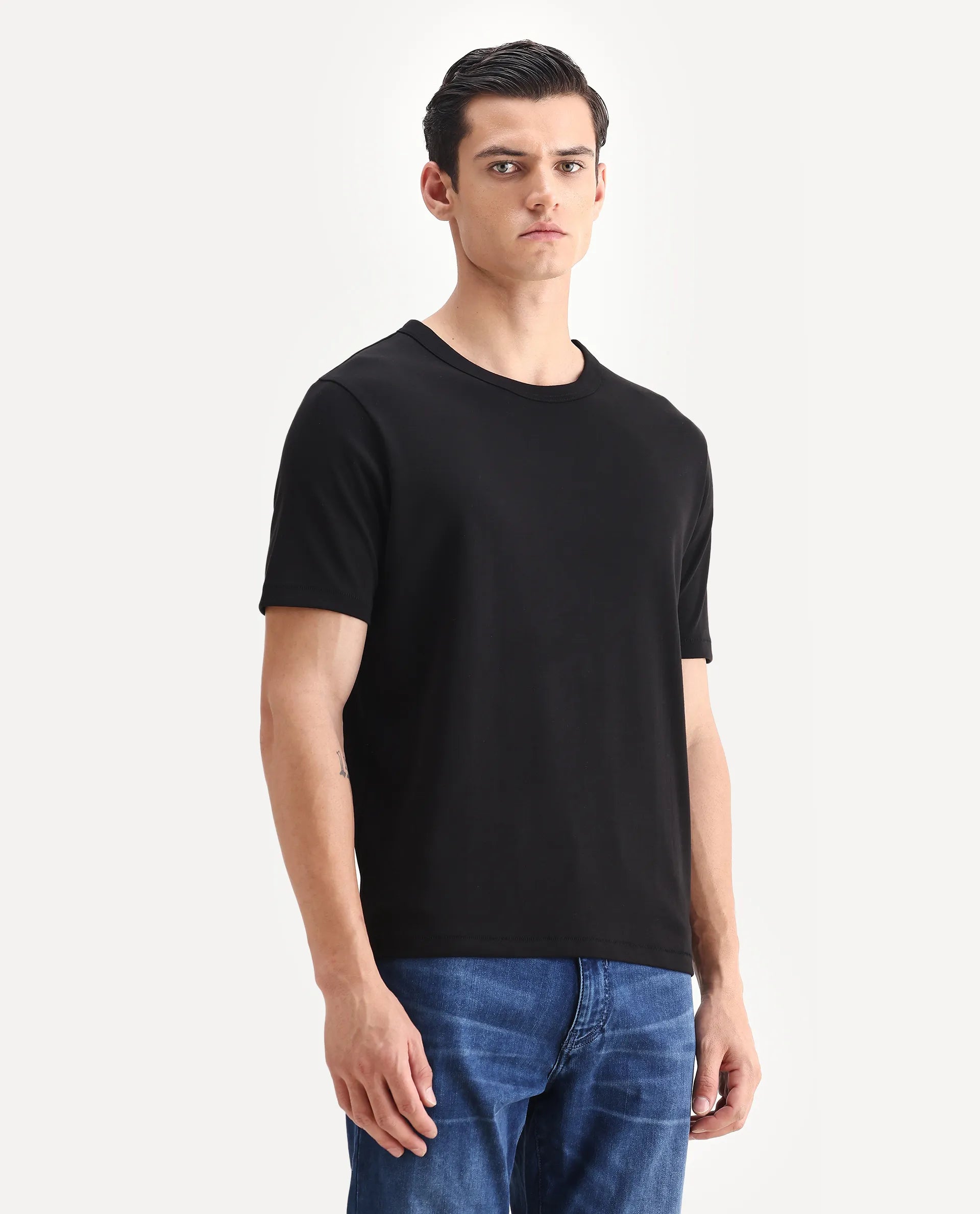 Rare Rabbit Men's Volt Black Cotton Plain Regular Fit Half Sleeve Crew Neck T-Shirt