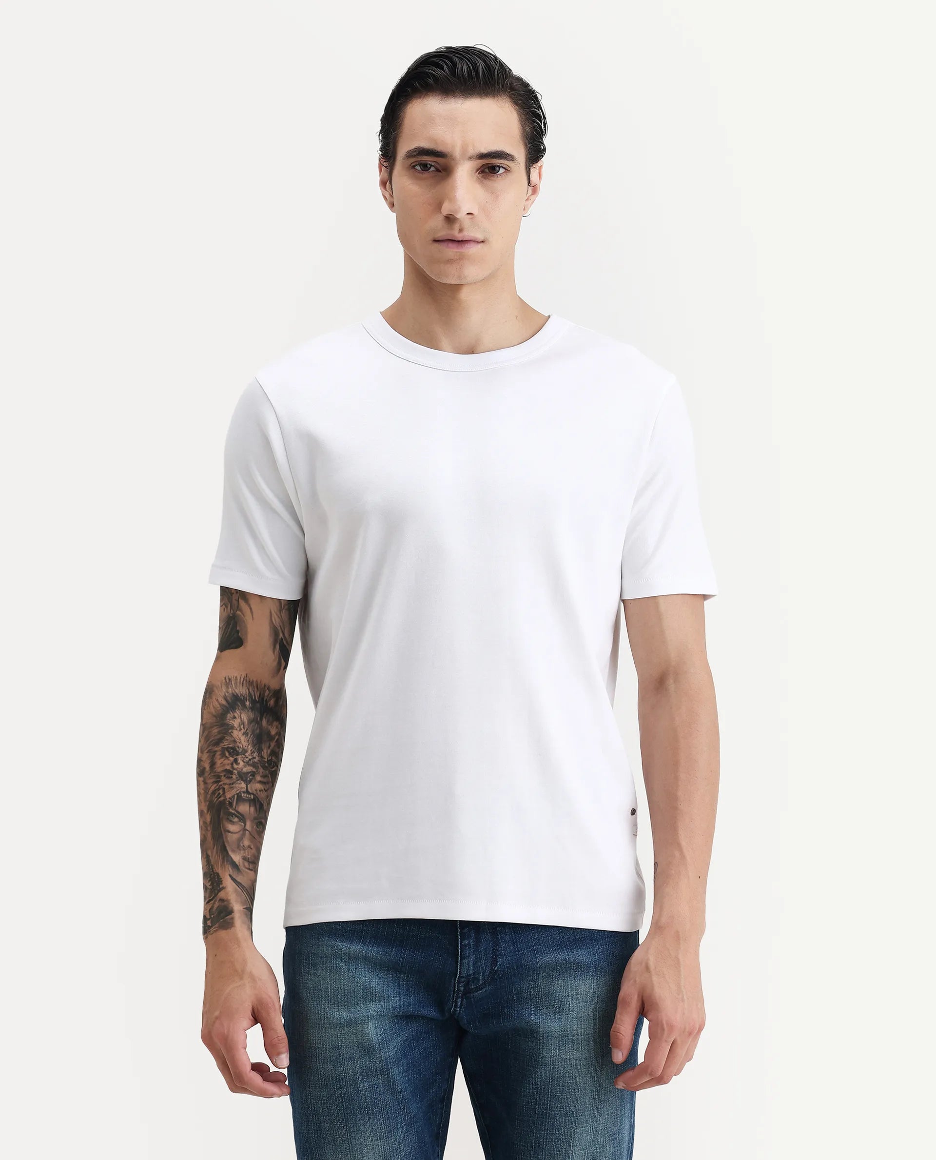 Rare Rabbit Men's Volt White Cotton Plain Regular Fit Half Sleeve Crew Neck T-Shirt