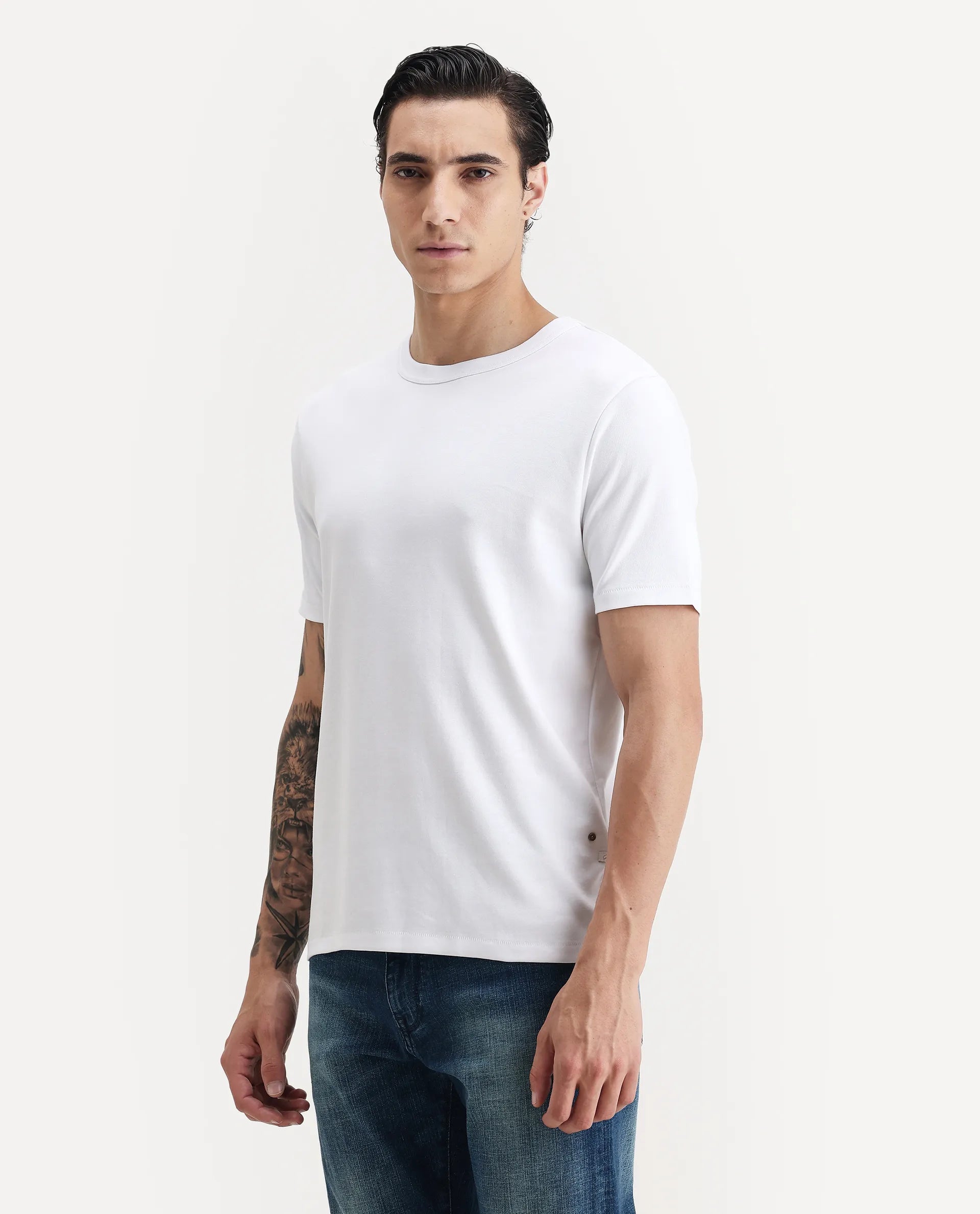 Rare Rabbit Men's Volt White Cotton Plain Regular Fit Half Sleeve Crew Neck T-Shirt