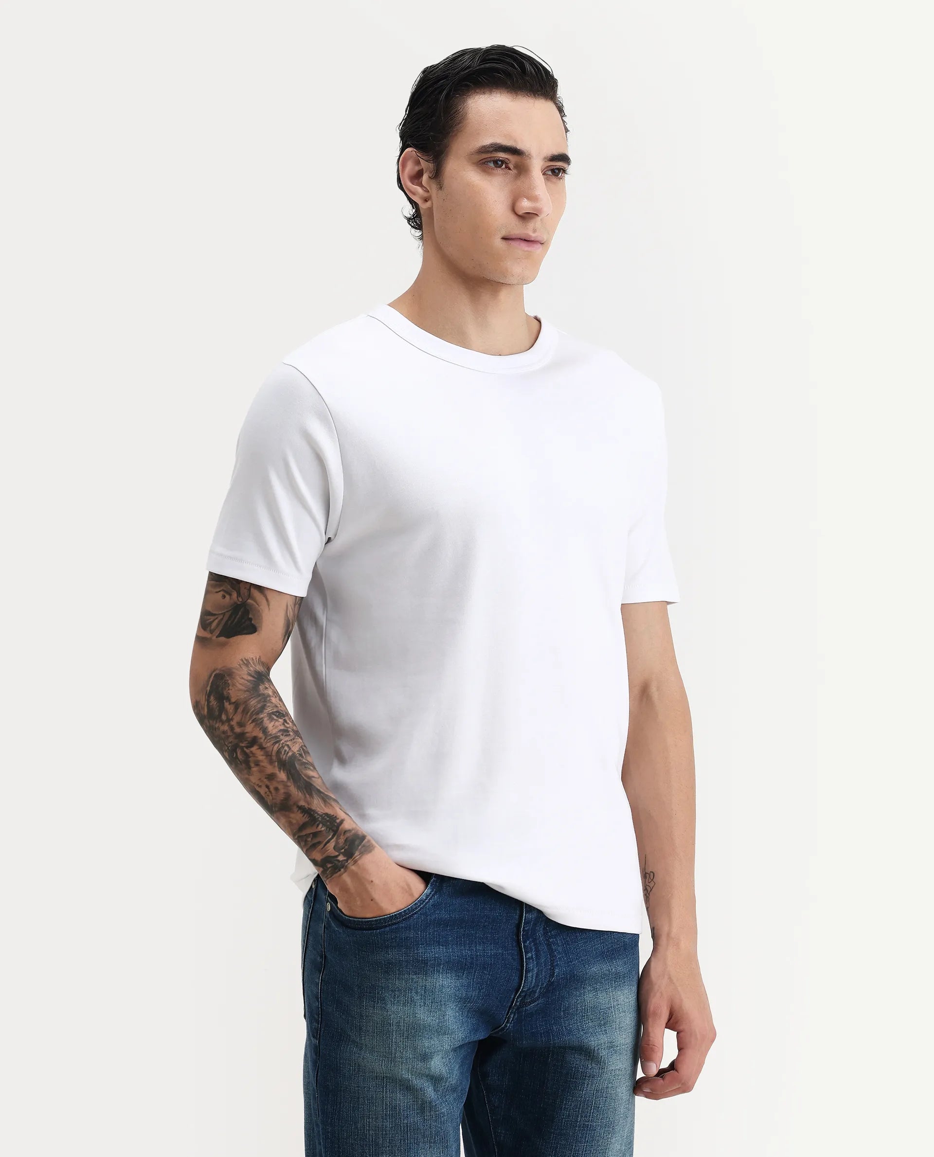 Rare Rabbit Men's Volt White Cotton Plain Regular Fit Half Sleeve Crew Neck T-Shirt