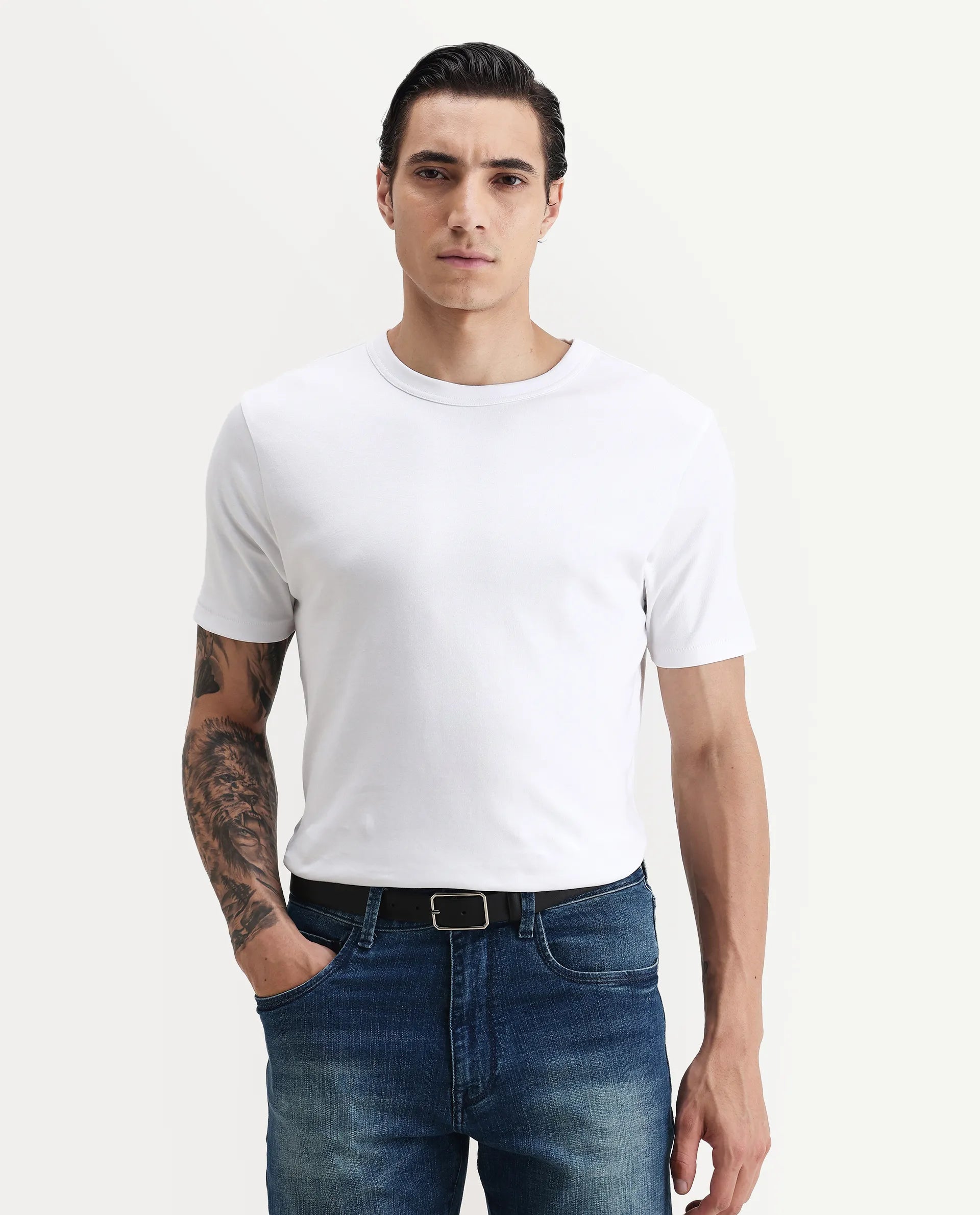 Rare Rabbit Men's Volt White Cotton Plain Regular Fit Half Sleeve Crew Neck T-Shirt