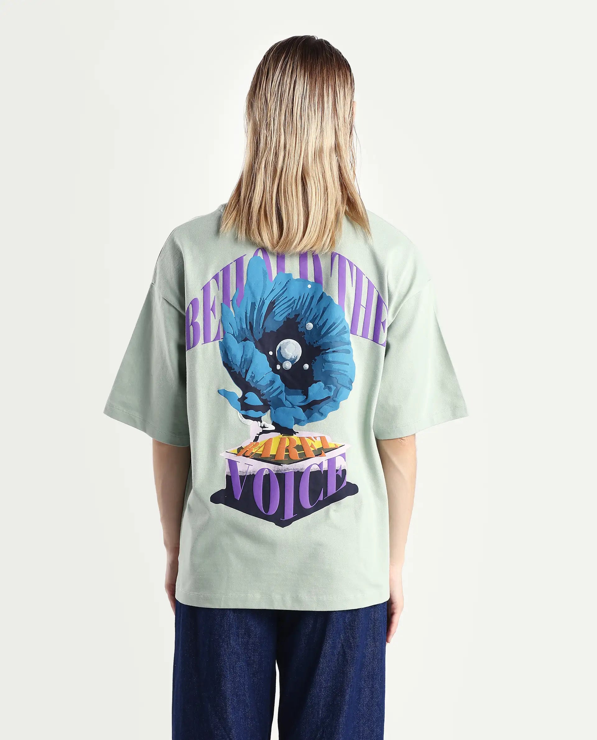 Rareism Women's Voltz Green Cotton Graphic Print Oversized T-Shirt