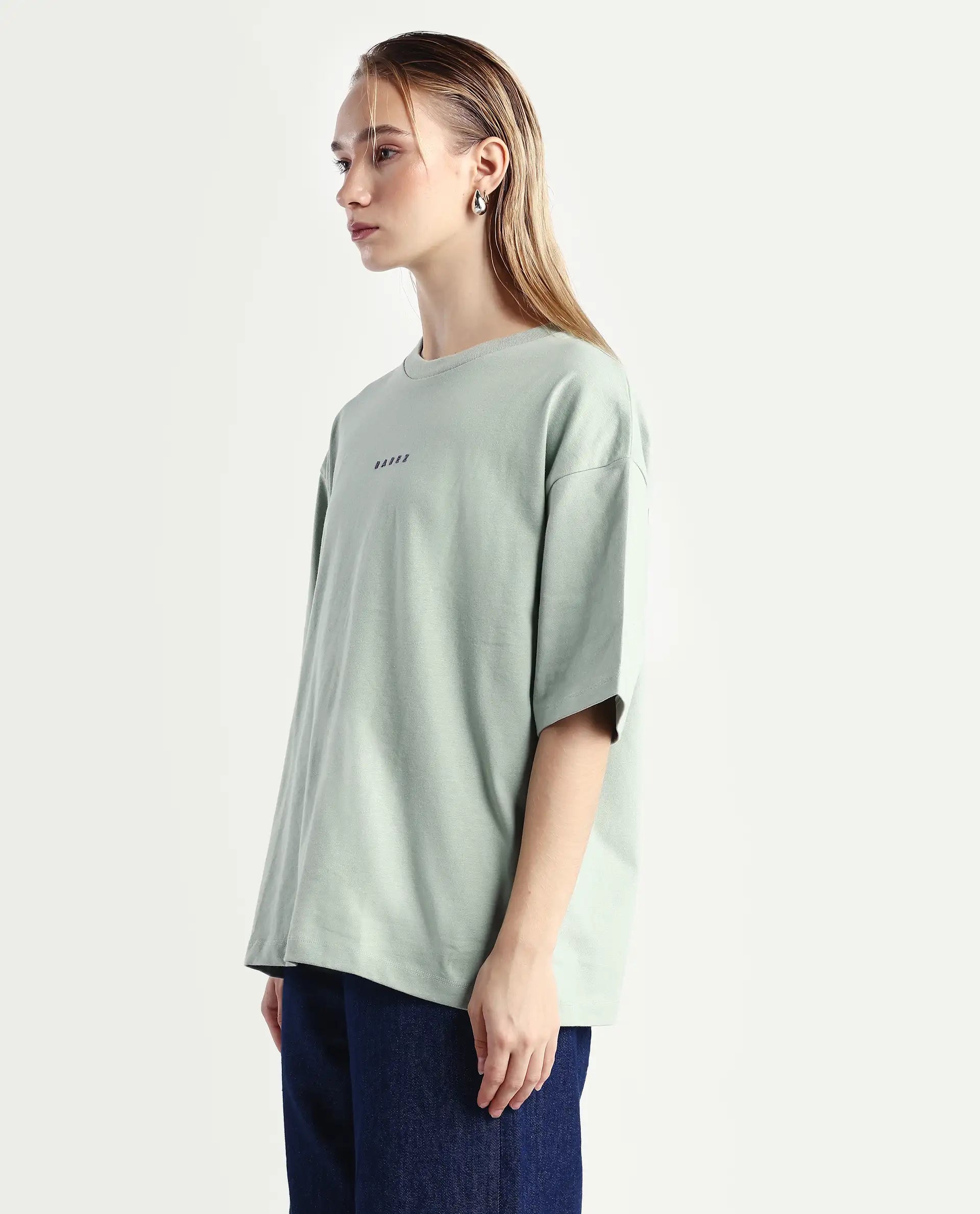 Rareism Women's Voltz Green Cotton Graphic Print Oversized T-Shirt