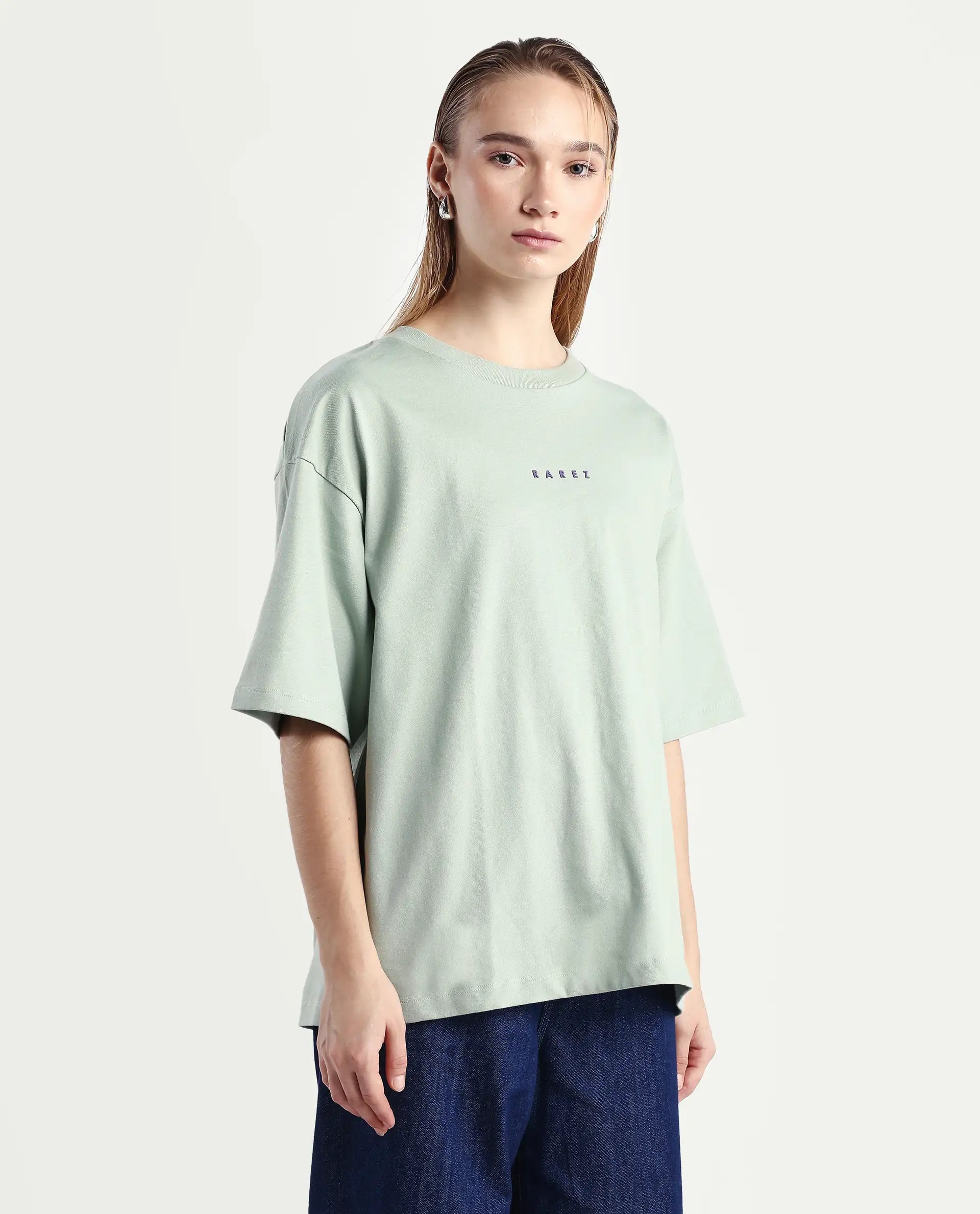 Rareism Women's Voltz Green Cotton Graphic Print Oversized T-Shirt