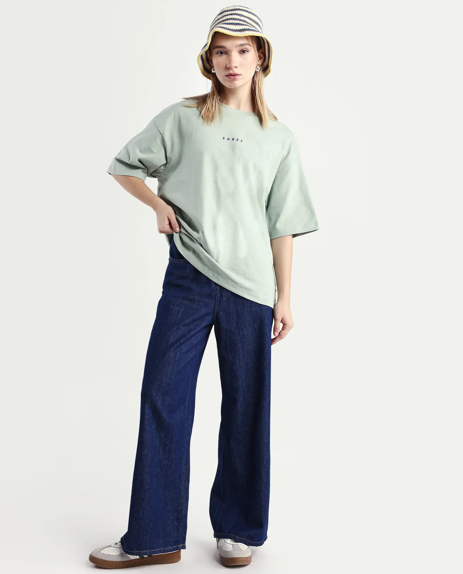 Rareism Women's Voltz Green Cotton Graphic Print Oversized T-Shirt