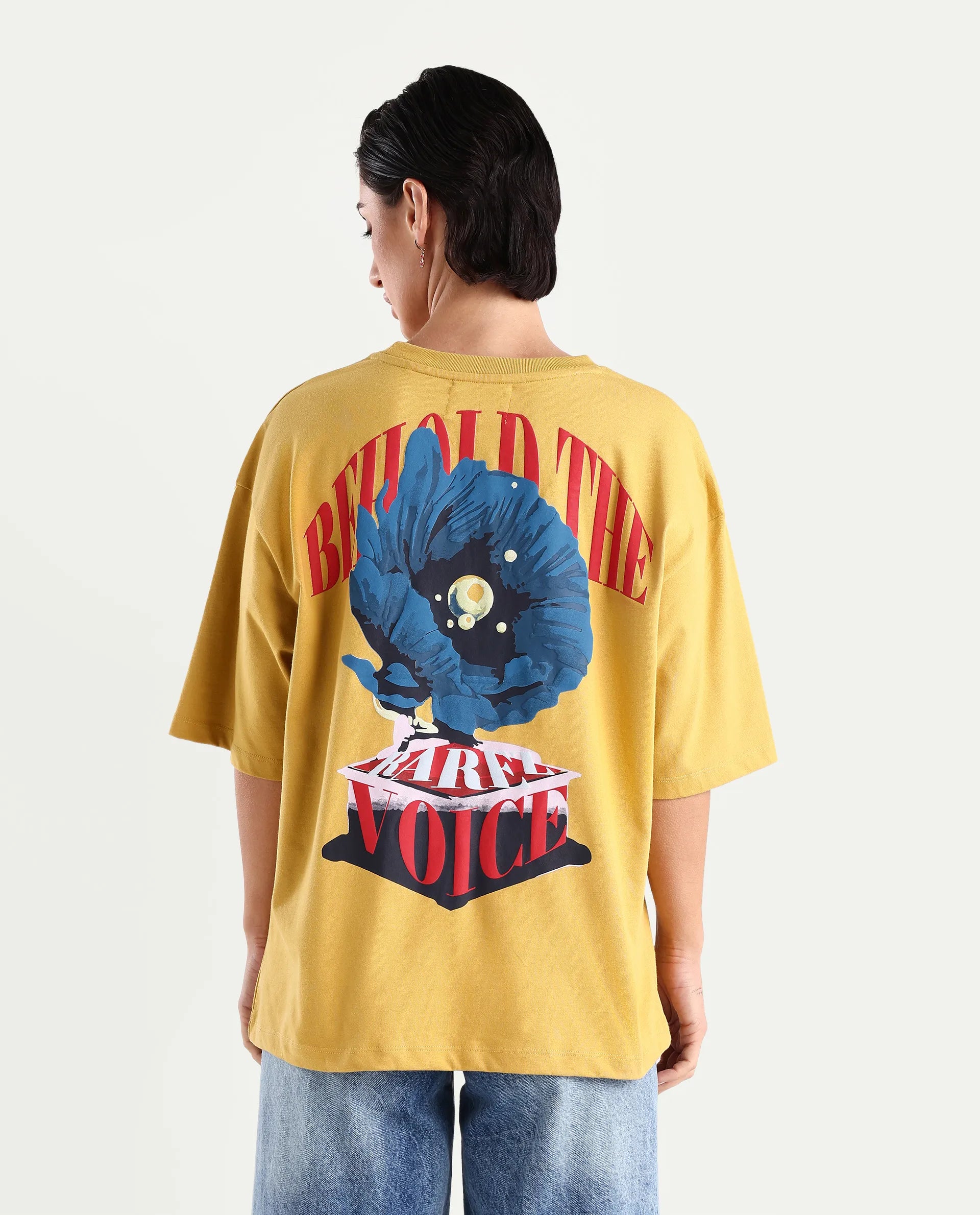Rareism Women's Voltz Yellow Cotton Graphic Print Oversized T-Shirt