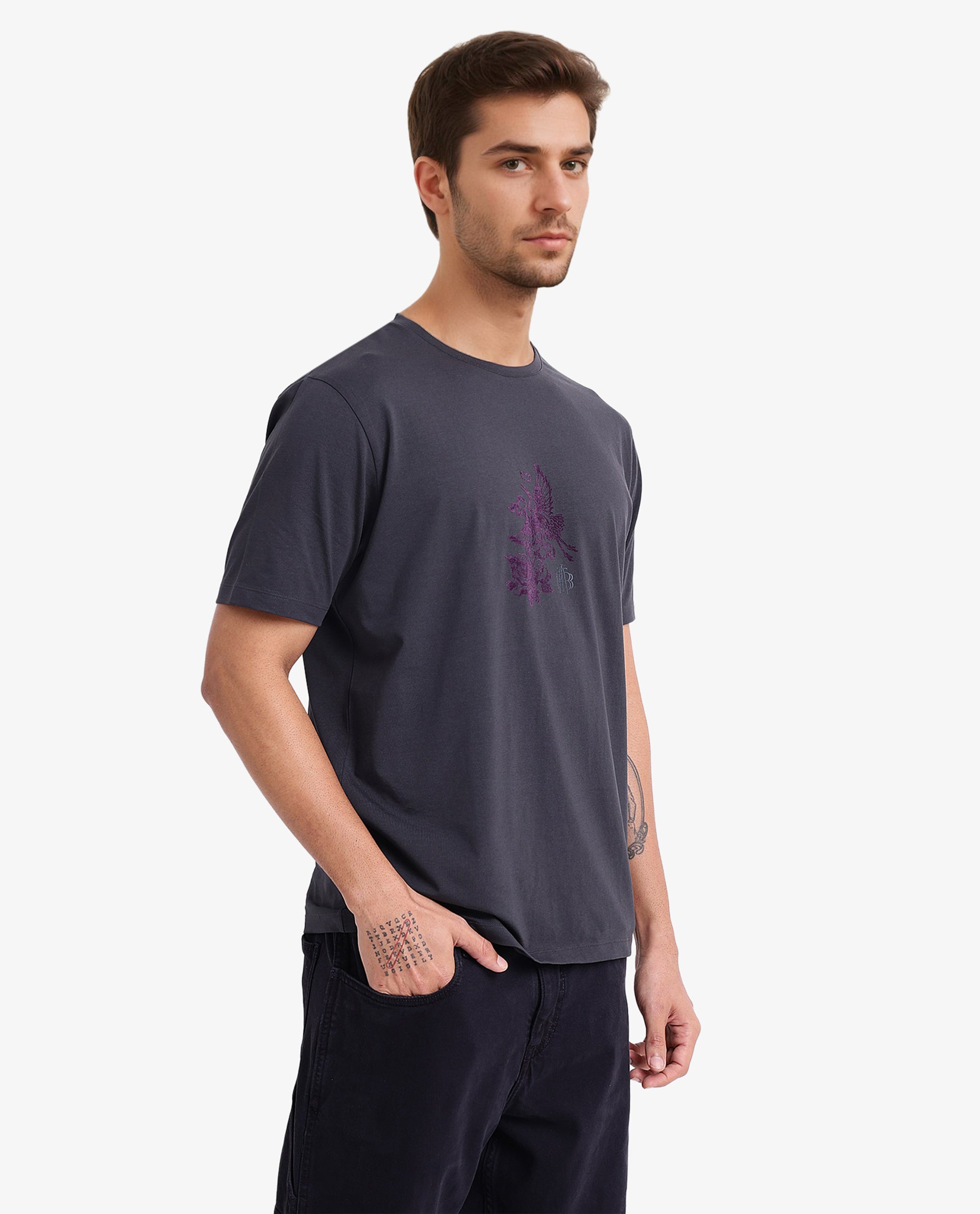 Rare Rabbit Men Volvo Dark Grey Cotton Lycra Fabric Short Sleeve Crew Neck Regular Fit Graphic Print T-Shirt