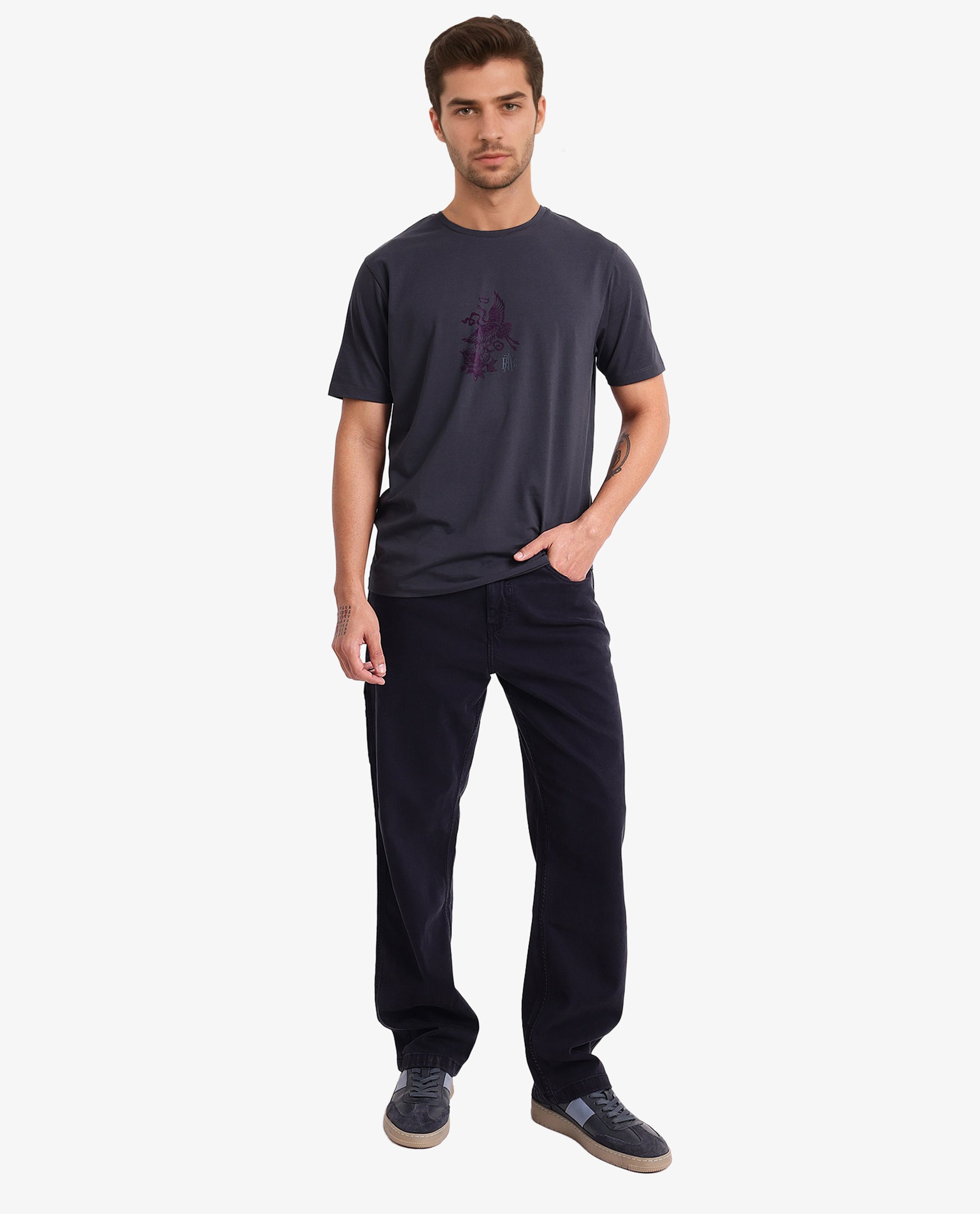 Rare Rabbit Men Volvo Dark Grey Cotton Lycra Fabric Short Sleeve Crew Neck Regular Fit Graphic Print T-Shirt