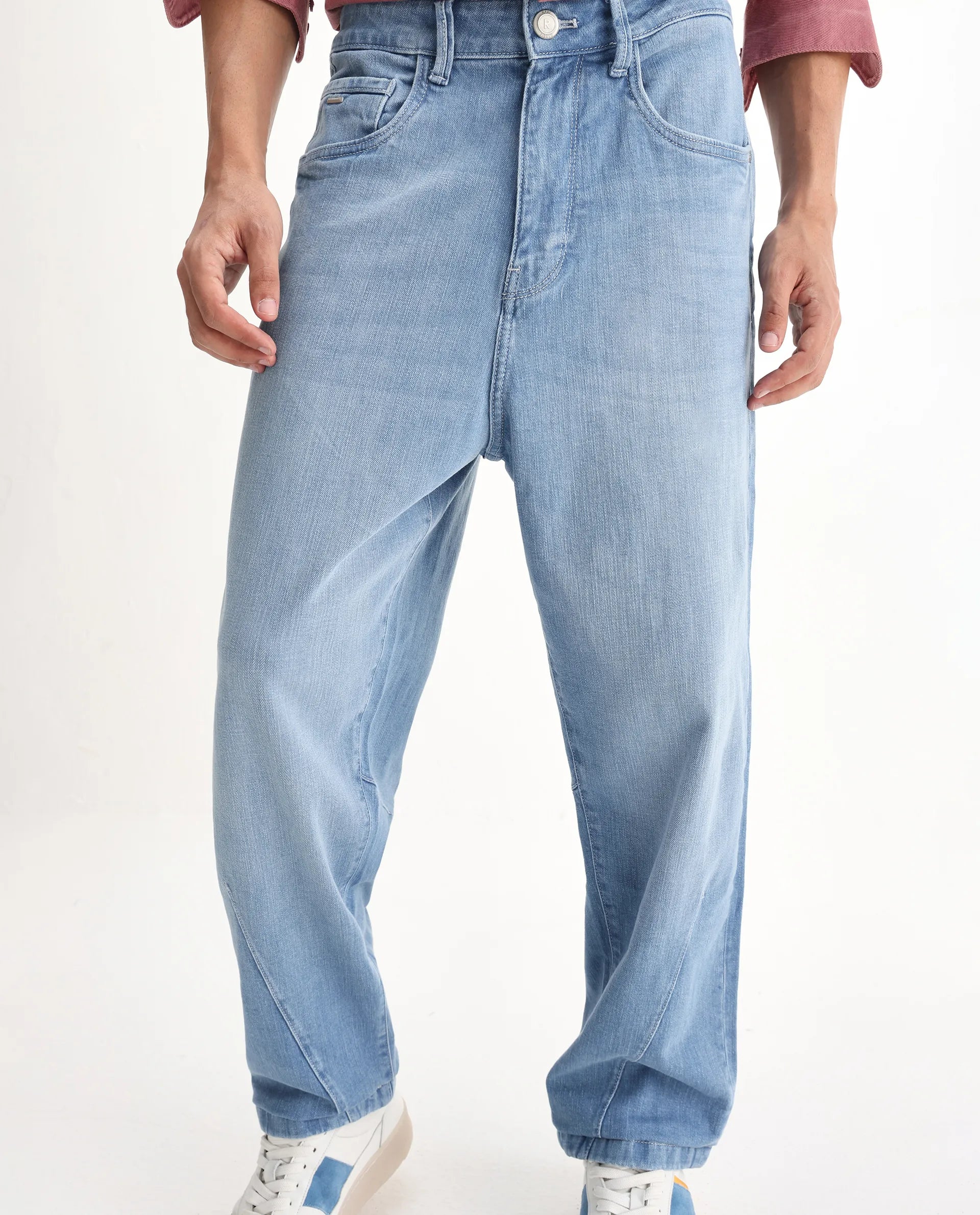 Rare Rabbit Men's Vort Light Blue Cotton Blend Plain Baggy Fit Jeans