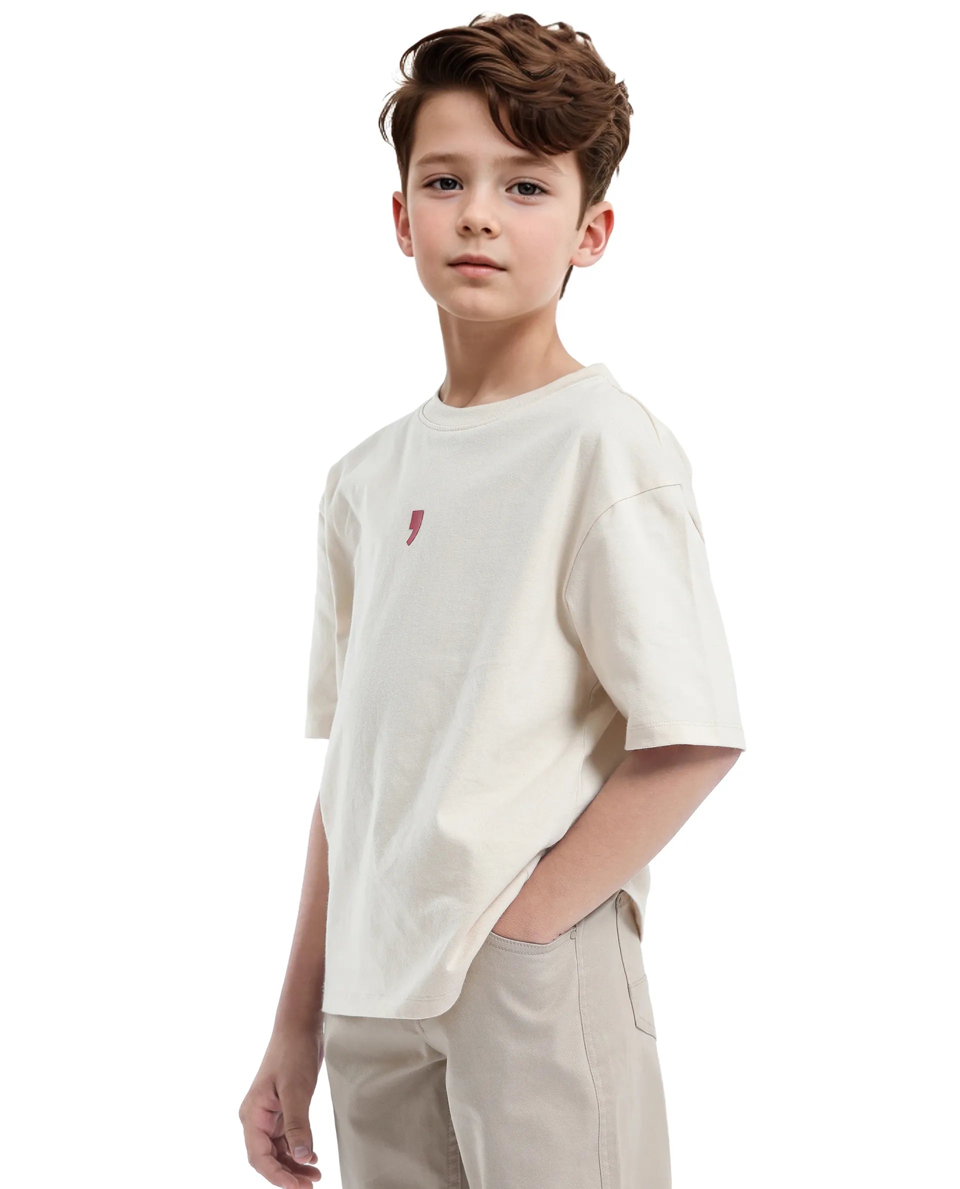 Rare Ones Kids Voy-K Light Beige Cotton Graphic Print Slip-On Oversized Fit T-Shirt