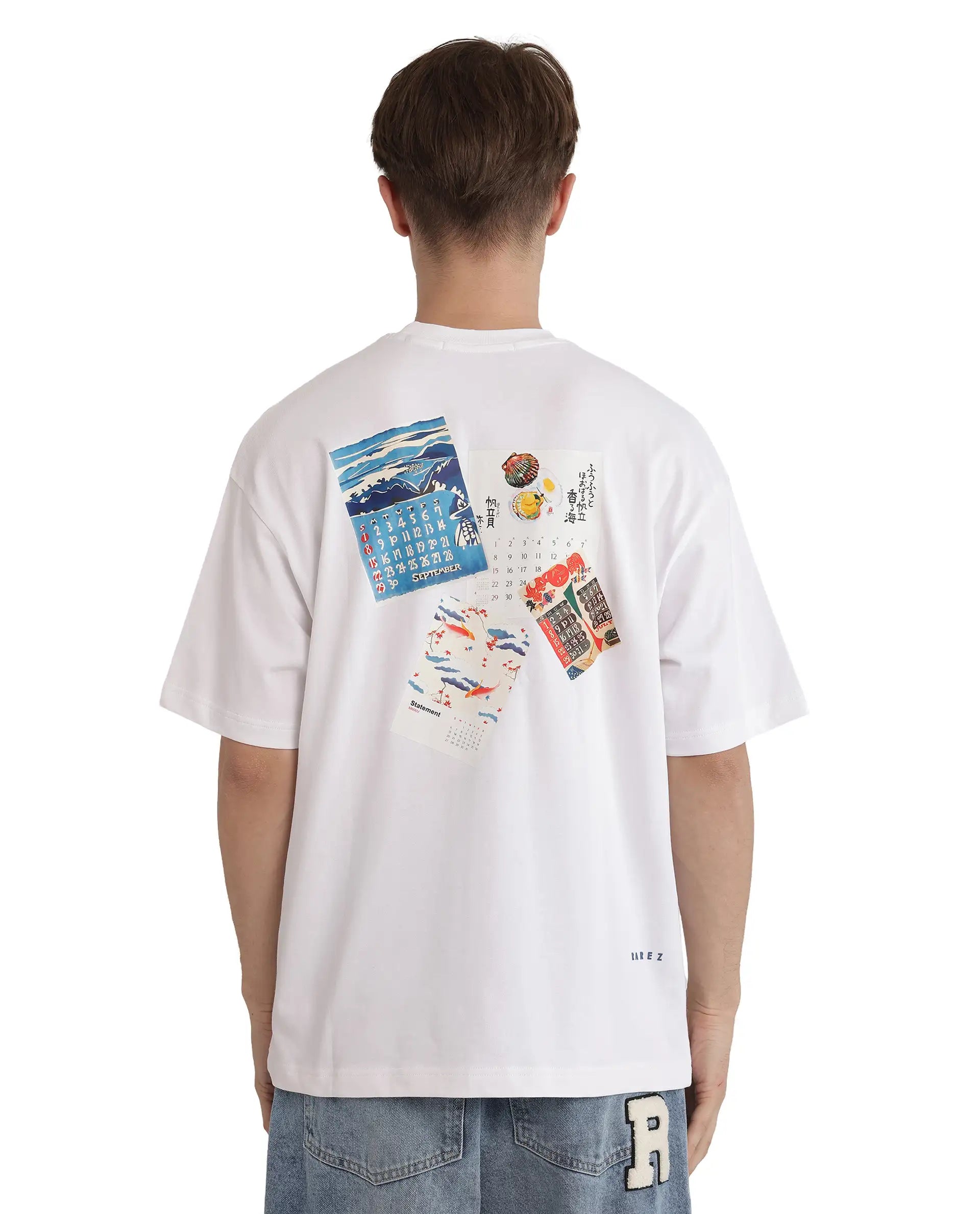 Rare Rabbit Men Voy White Cotton Fabric Short Sleeve Crew Neck Slip-On Oversized Fit Graphic Print T-Shirt