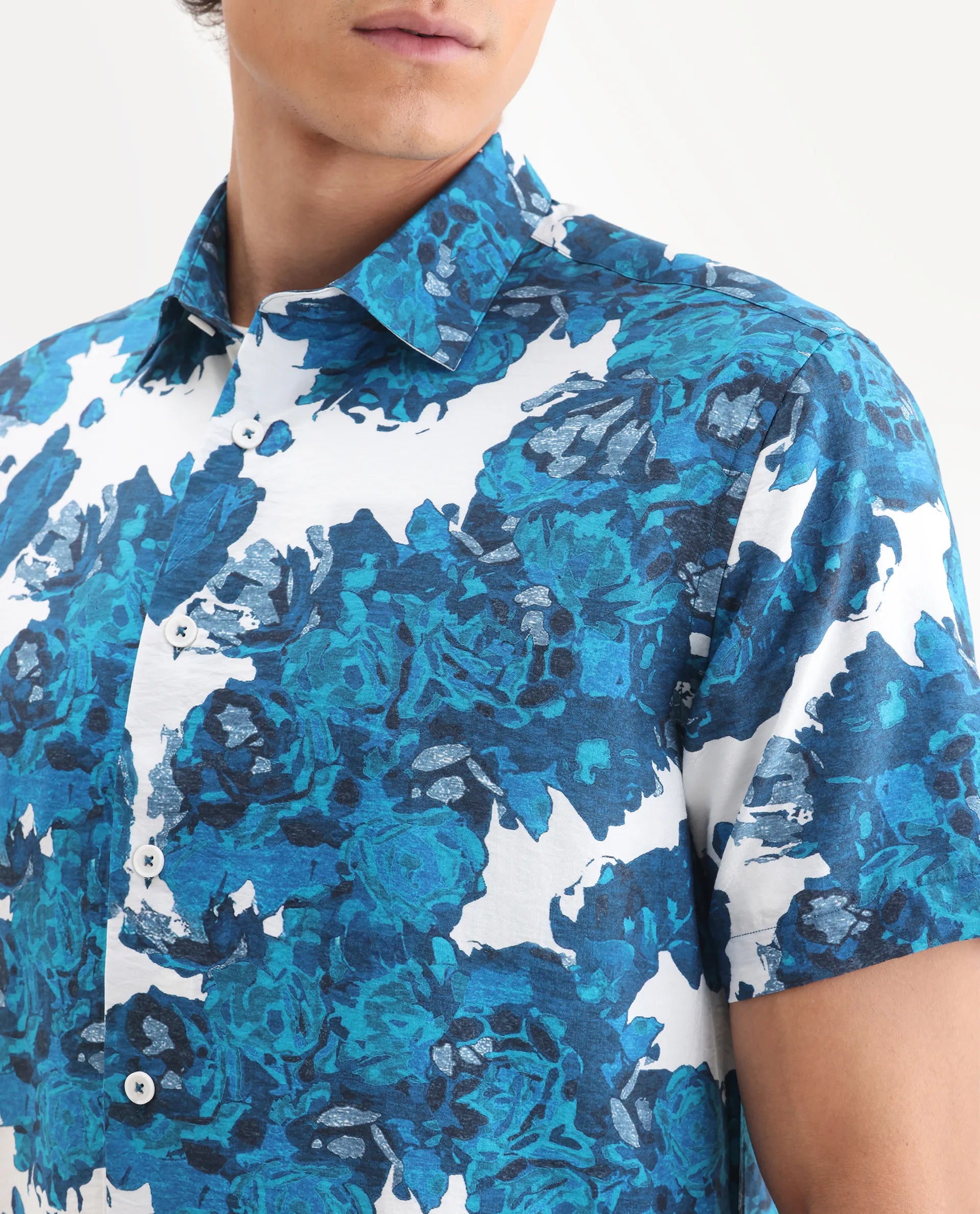 Rare Rabbit Men's Vyla Blue Viscose Fabric Collared Neck Regular Abstract Print Shirt