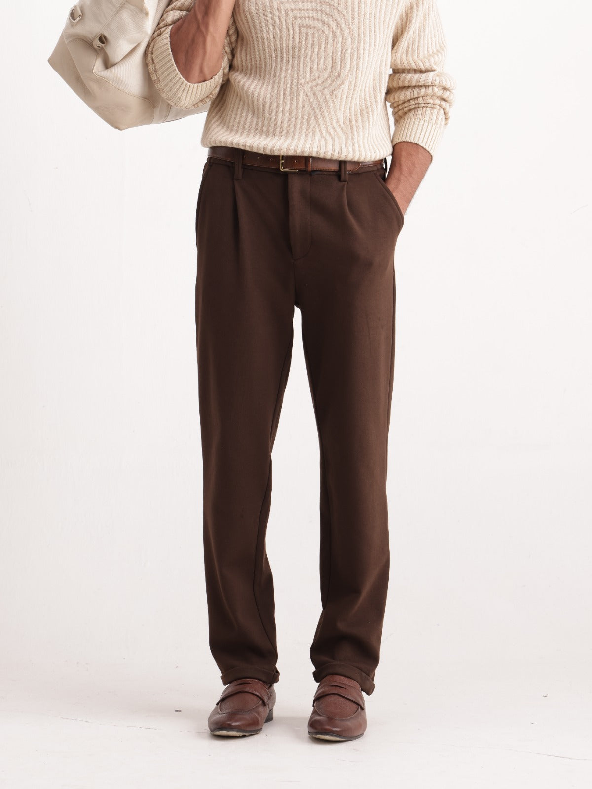 Rare Rabbit Men's Vyra Brown Cotton Blend Relaxed Plain Trouser