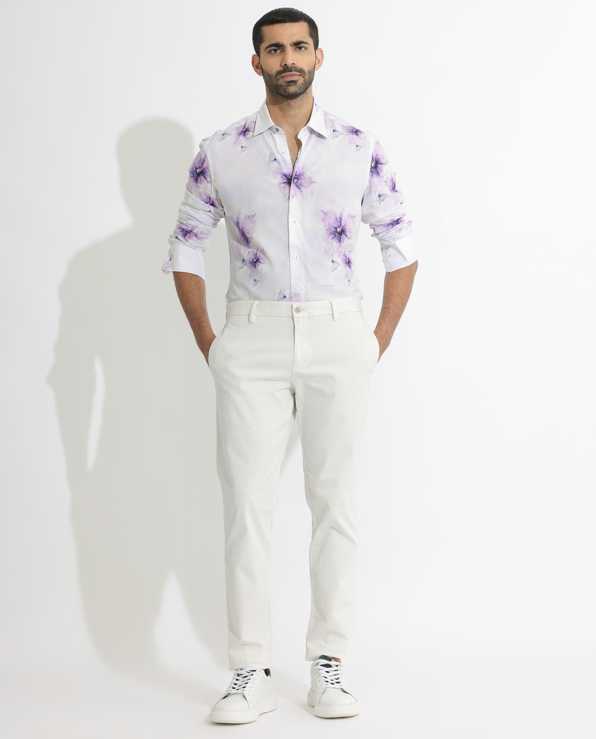 Rare Rabbit Men's Vendar White Viscose Fabric Floral Print Full Sleeves Shirt