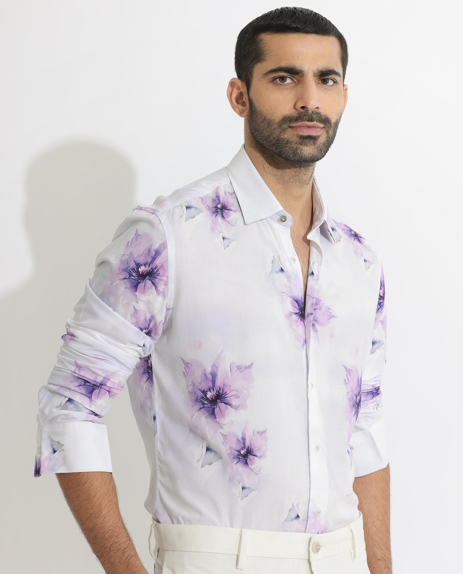Rare Rabbit Men's Vendar White Viscose Fabric Floral Print Full Sleeves Shirt