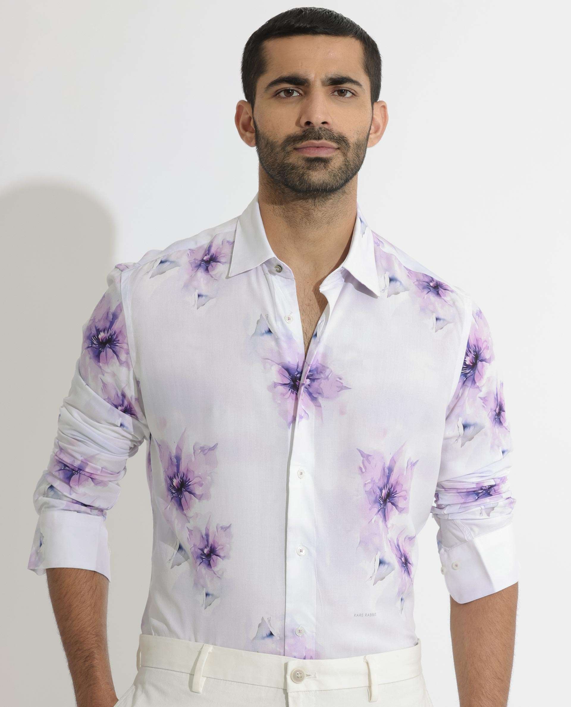 Rare Rabbit Men's Vendar White Viscose Fabric Floral Print Full Sleeves Shirt