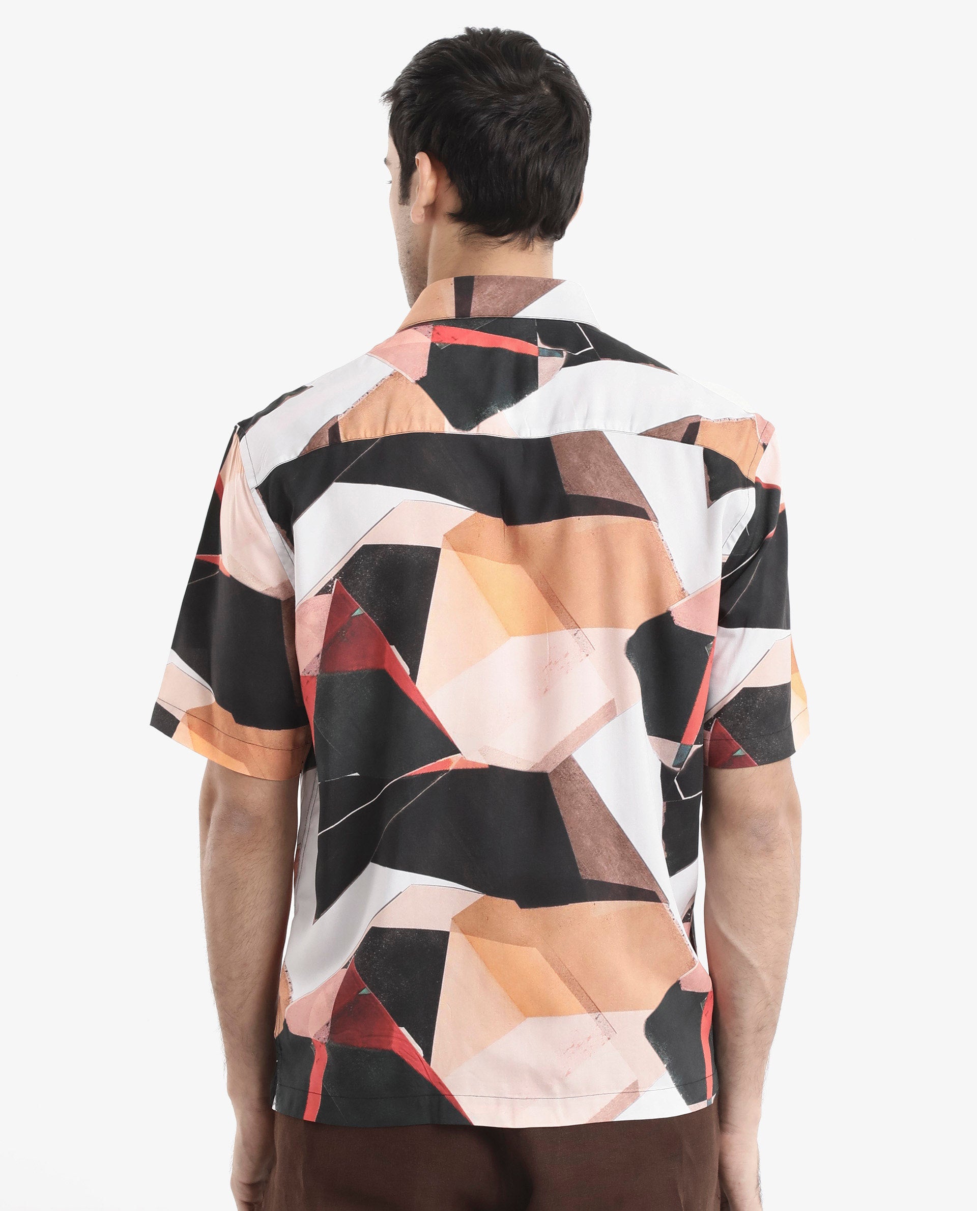 Rare Rabbit Men's Wabe Black Viscose Fabric Short Sleeve Boxy Fit Abstract Print Shirt