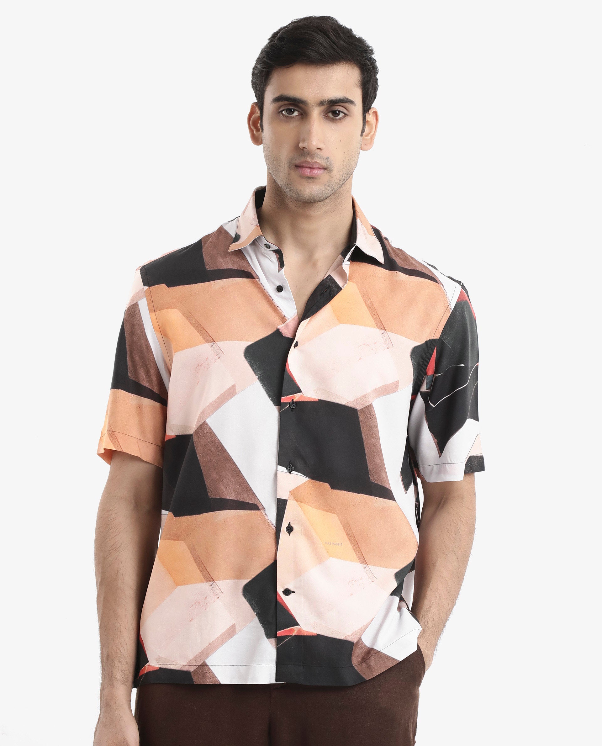 Rare Rabbit Men's Wabe Black Viscose Fabric Short Sleeve Boxy Fit Abstract Print Shirt