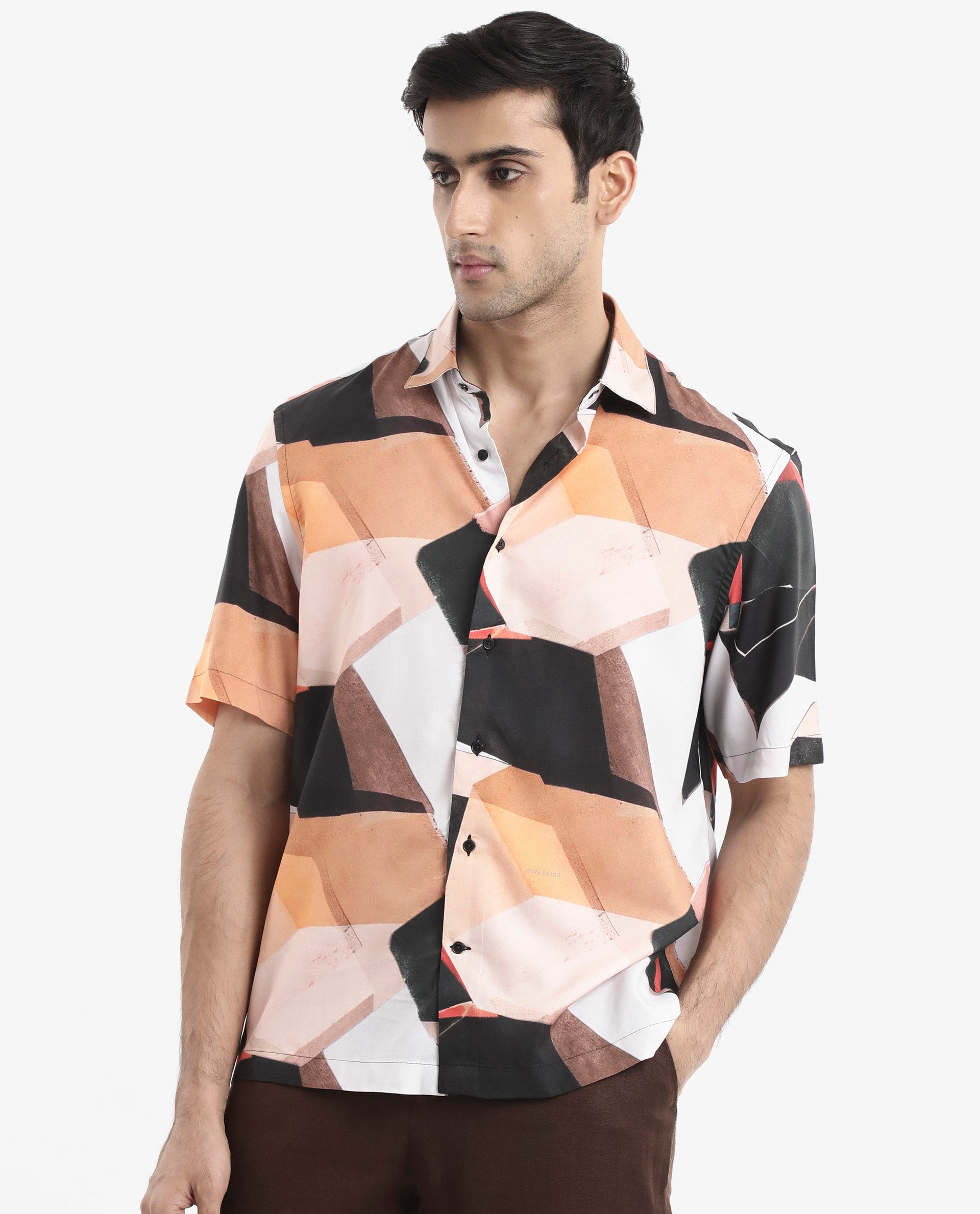 Rare Rabbit Men's Wabe Black Viscose Fabric Short Sleeve Boxy Fit Abstract Print Shirt