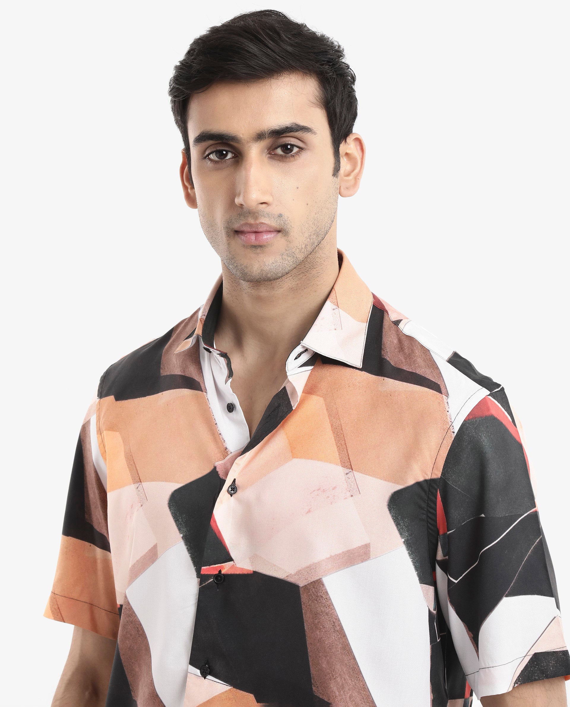 Rare Rabbit Men's Wabe Black Viscose Fabric Short Sleeve Boxy Fit Abstract Print Shirt