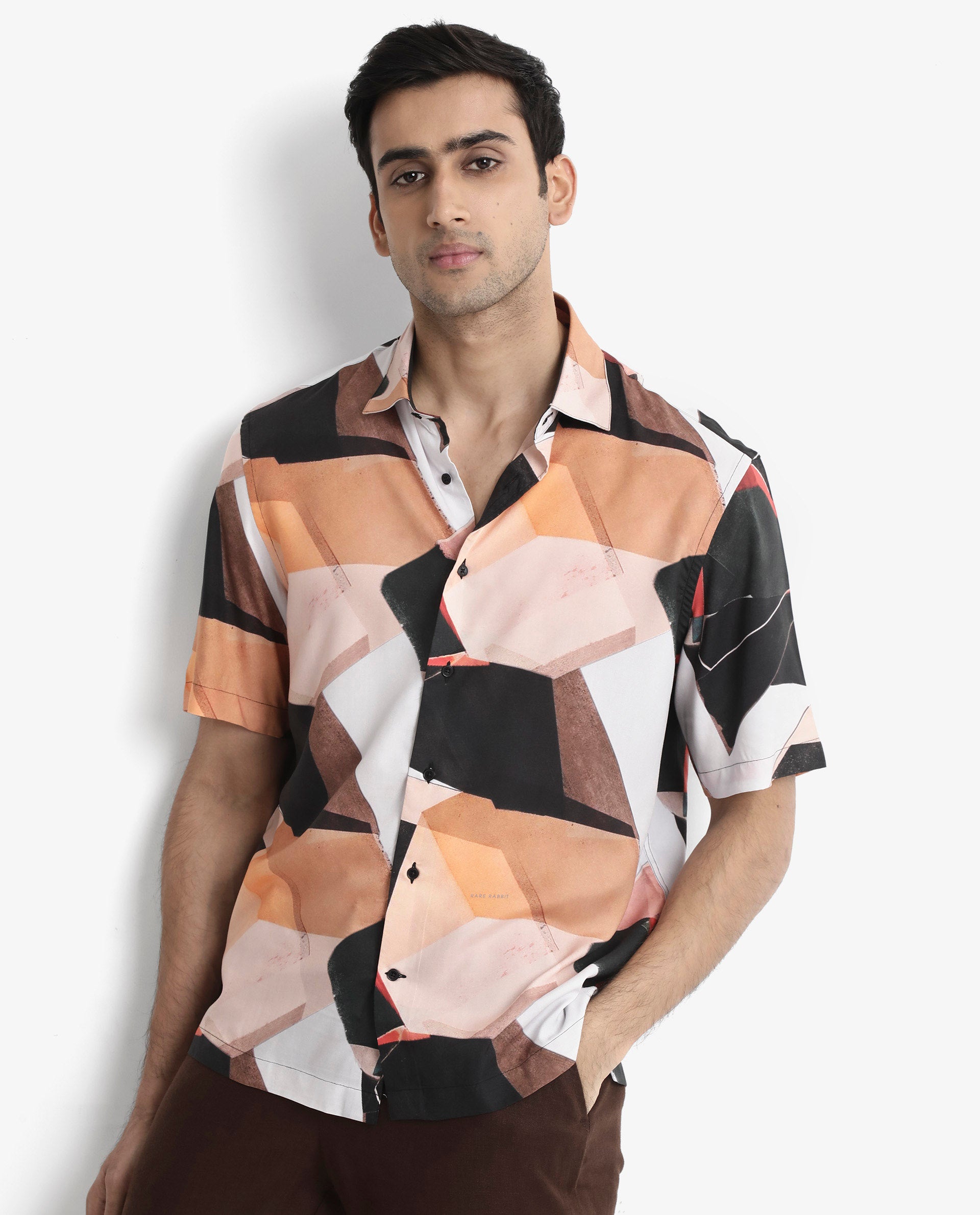 Rare Rabbit Men's Wabe Black Viscose Fabric Short Sleeve Boxy Fit Abstract Print Shirt