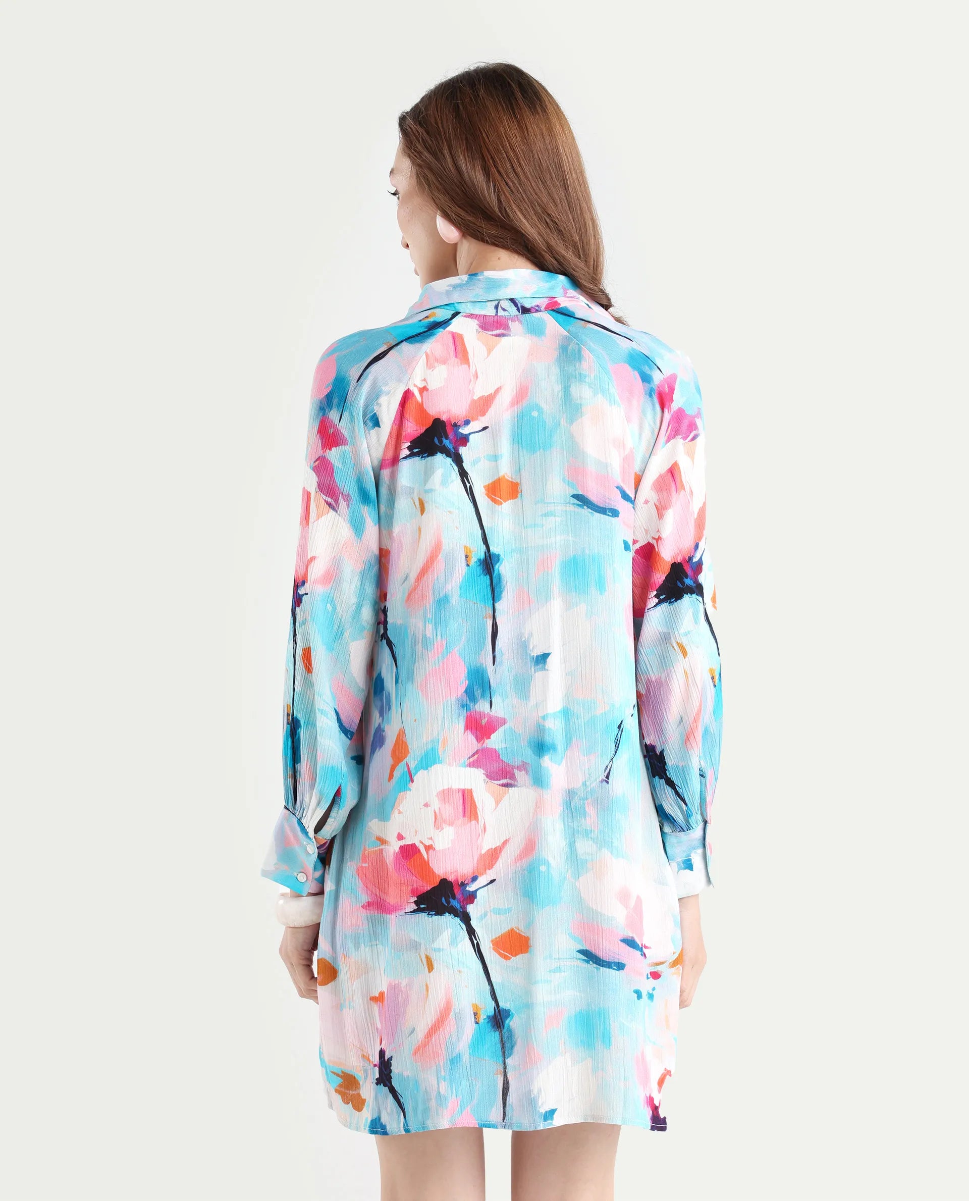 Rareism Women's Wadd Flouroscent Multi Cotton Blend Drop Collar Floral Print Mini Regular Fit Dress