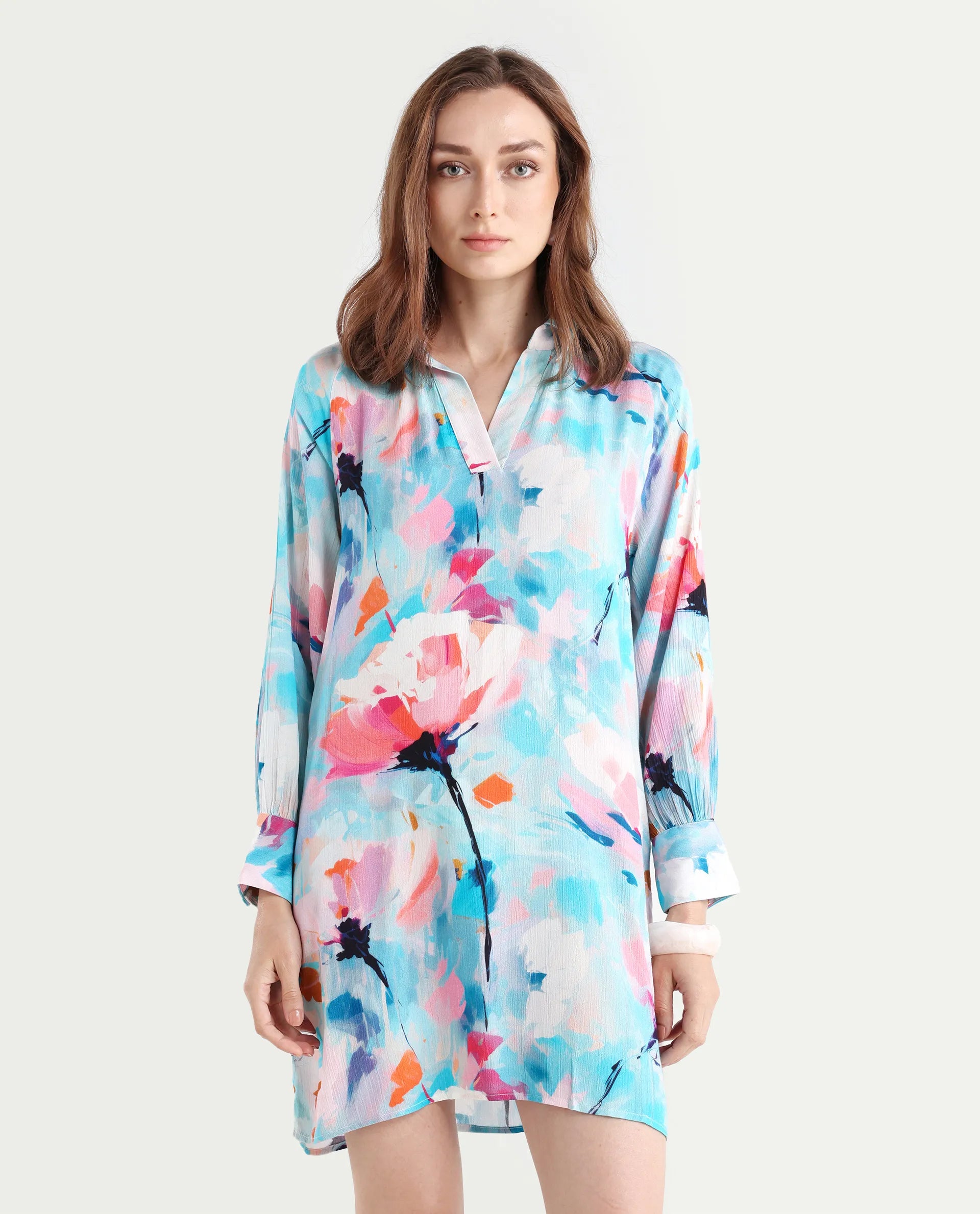 Rareism Women's Wadd Flouroscent Multi Cotton Blend Drop Collar Floral Print Mini Regular Fit Dress