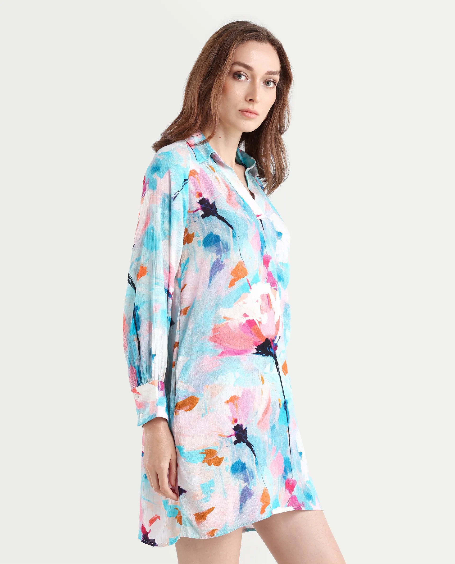 Rareism Women's Wadd Flouroscent Multi Cotton Blend Drop Collar Floral Print Mini Regular Fit Dress