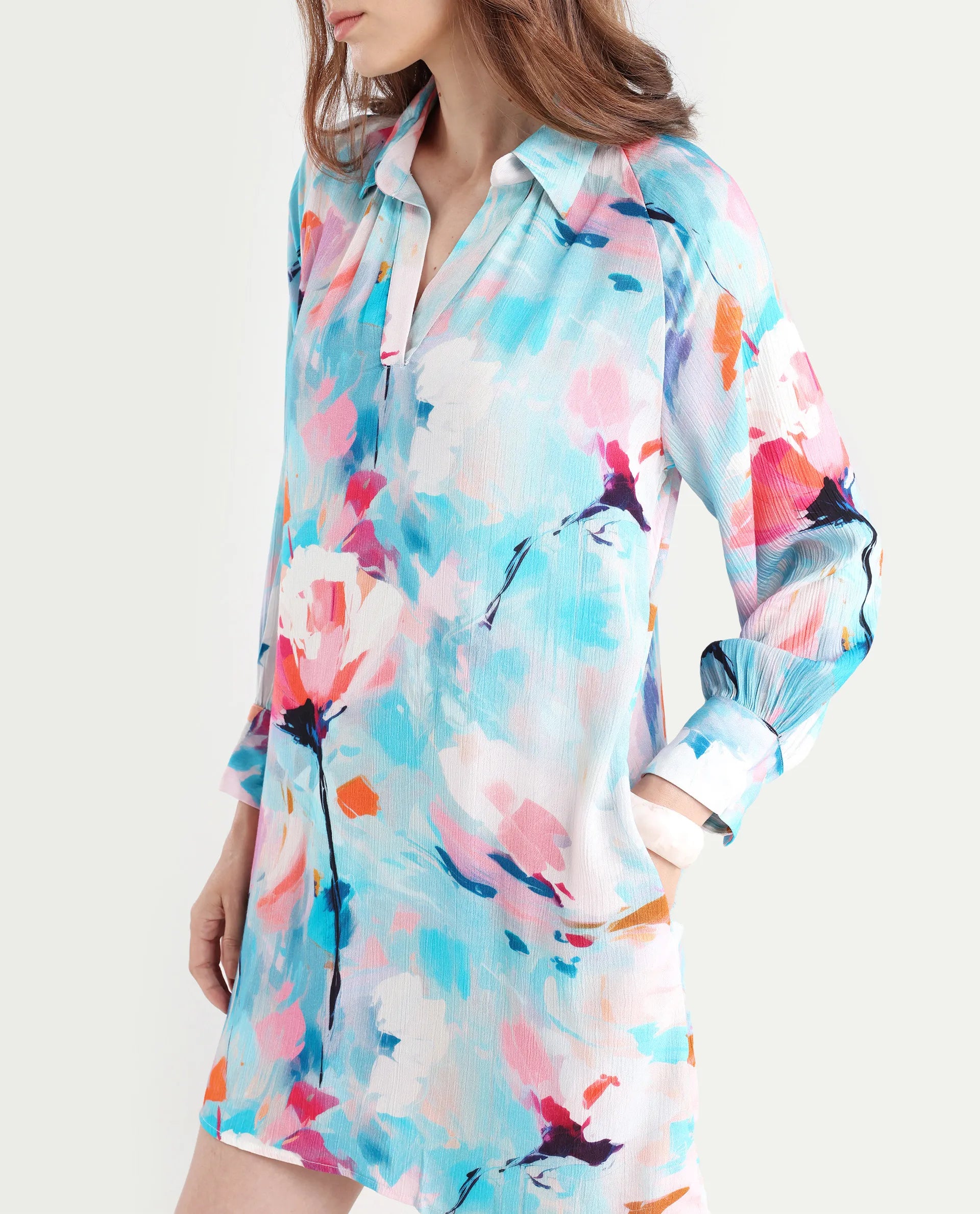 Rareism Women's Wadd Flouroscent Multi Cotton Blend Drop Collar Floral Print Mini Regular Fit Dress