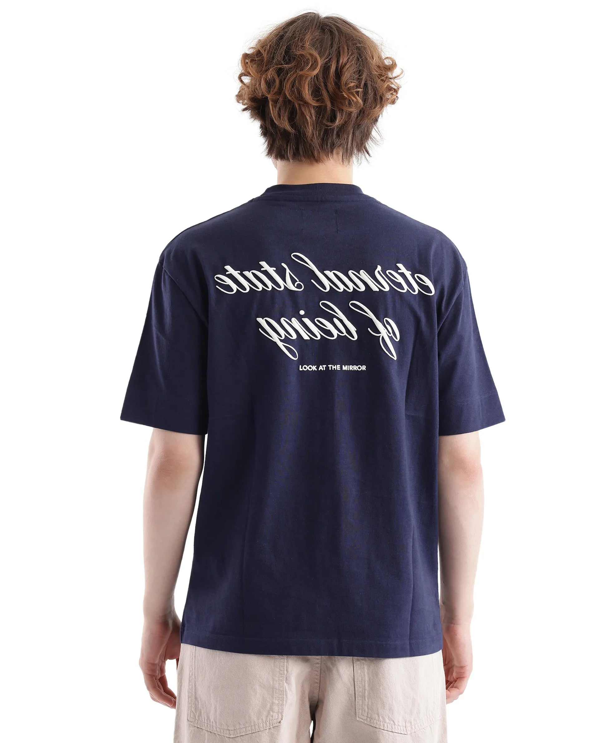 Rare Rabbit Men Wadet Navy Cotton Fabric Short Sleeve Boxy Fit Typography Back Printed T-Shirt