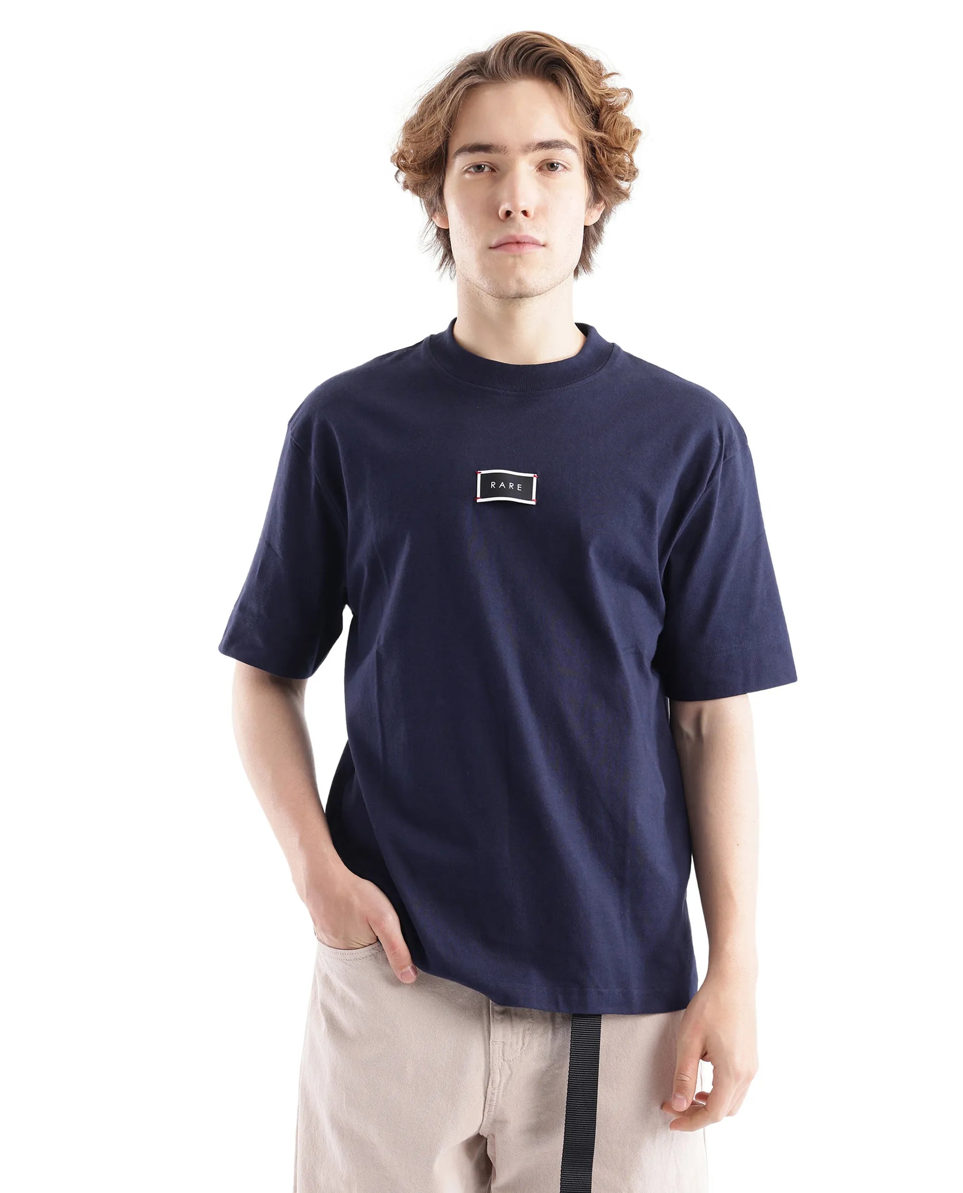 Rare Rabbit Men Wadet Navy Cotton Fabric Short Sleeve Boxy Fit Typography Back Printed T-Shirt