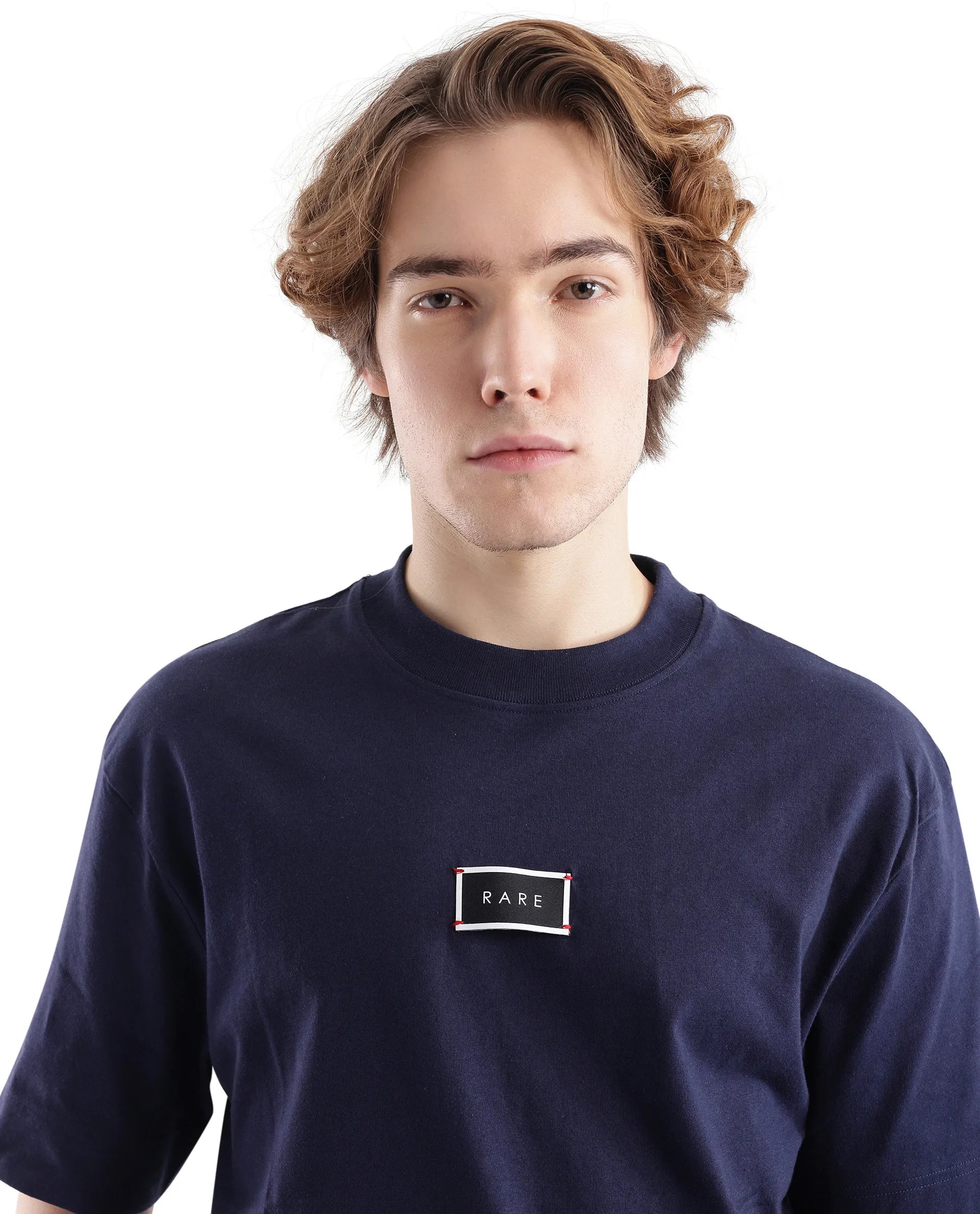 Rare Rabbit Men Wadet Navy Cotton Fabric Short Sleeve Boxy Fit Typography Back Printed T-Shirt