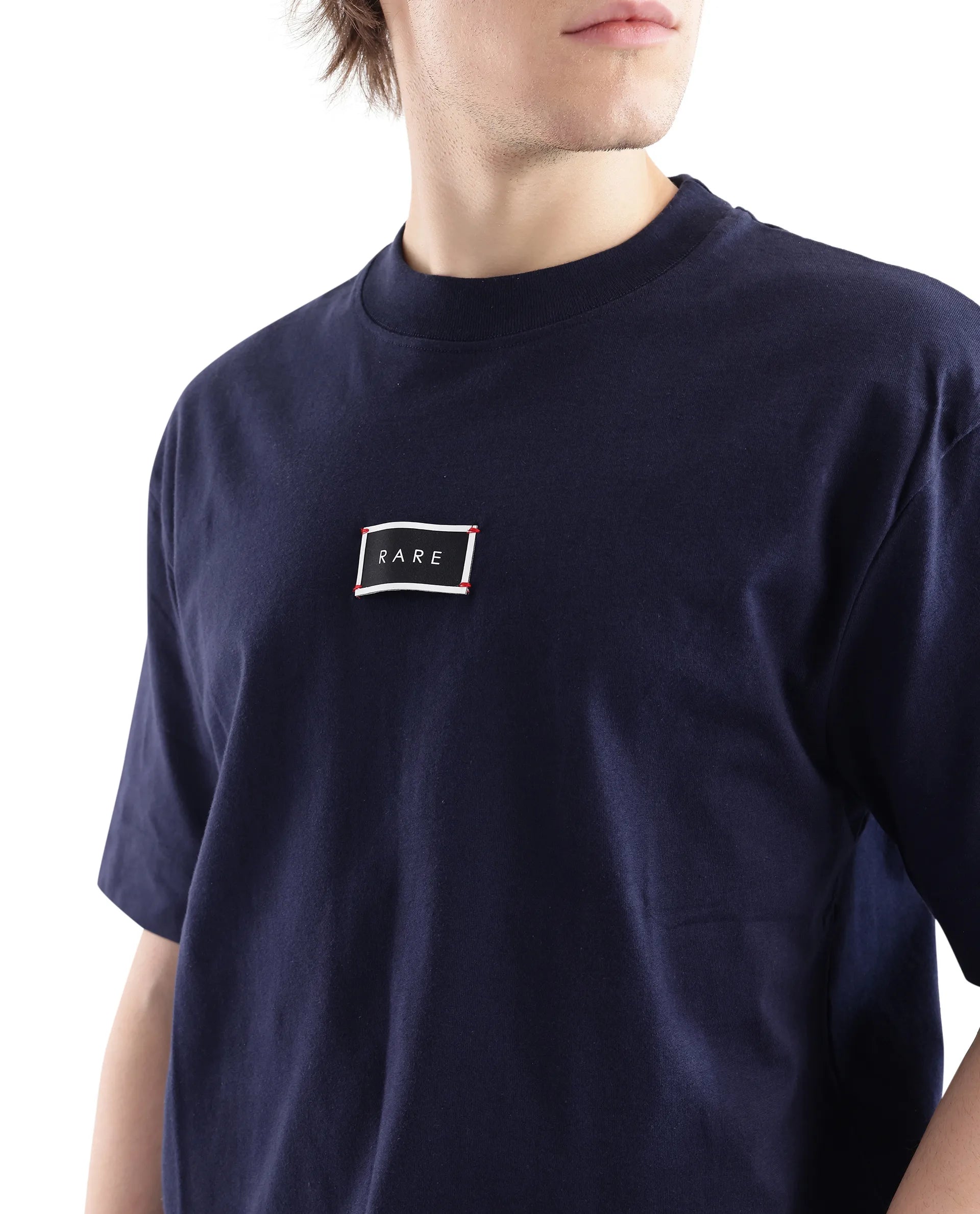 Rare Rabbit Men Wadet Navy Cotton Fabric Short Sleeve Boxy Fit Typography Back Printed T-Shirt