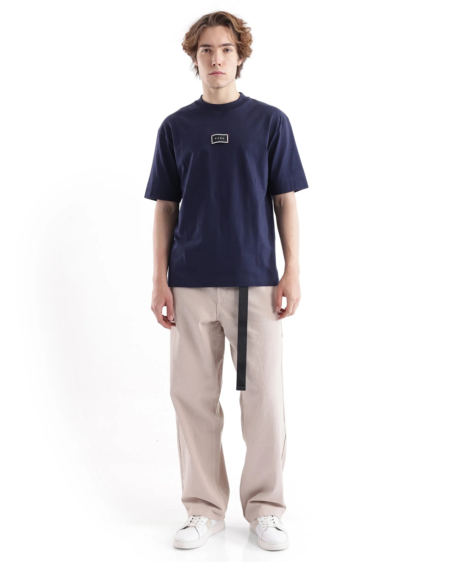 Rare Rabbit Men Wadet Navy Cotton Fabric Short Sleeve Boxy Fit Typography Back Printed T-Shirt