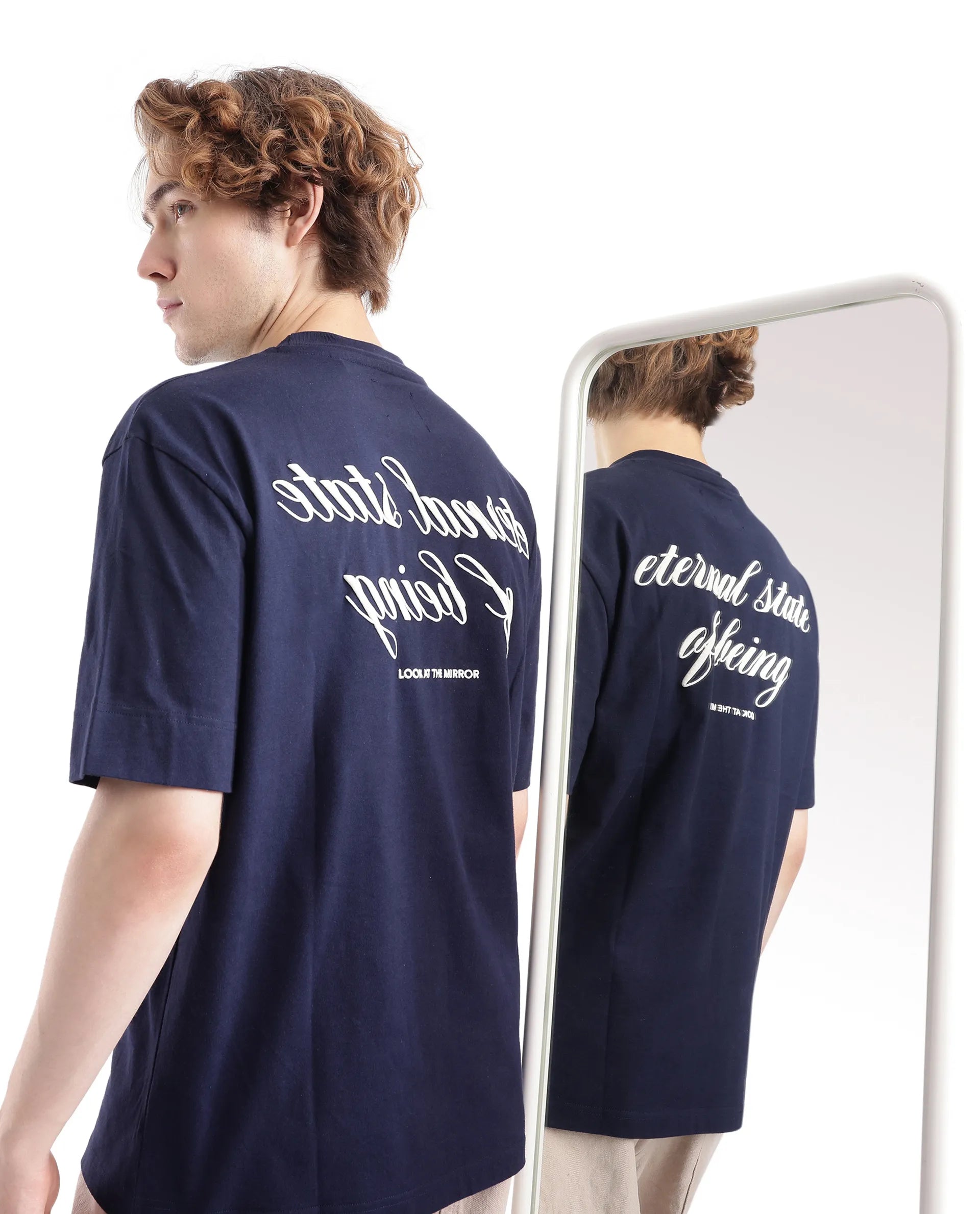 Rare Rabbit Men Wadet Navy Cotton Fabric Short Sleeve Boxy Fit Typography Back Printed T-Shirt