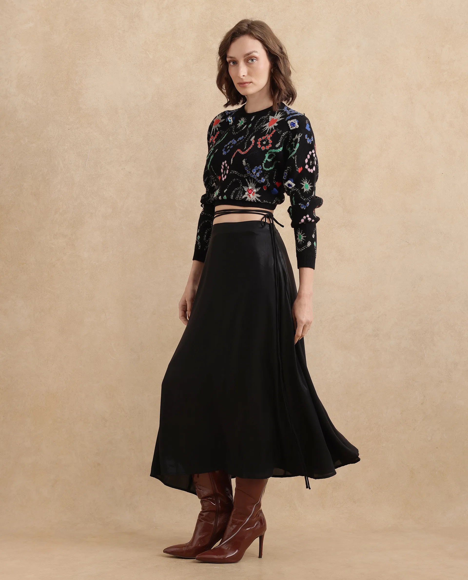 Rareism Women Wagna Black Zipper Closure Flared Maxi Plain Skirt