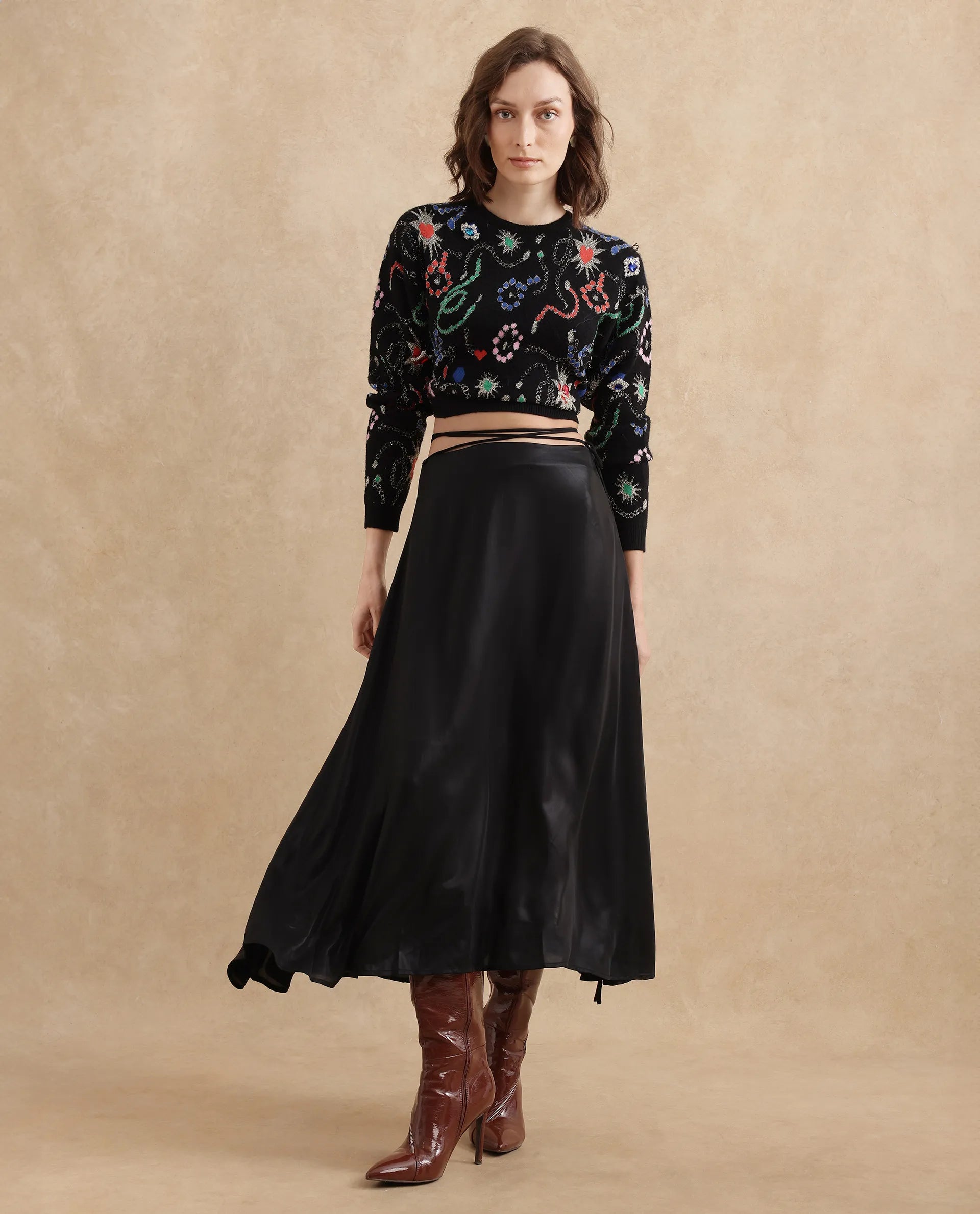 Rareism Women Wagna Black Zipper Closure Flared Maxi Plain Skirt