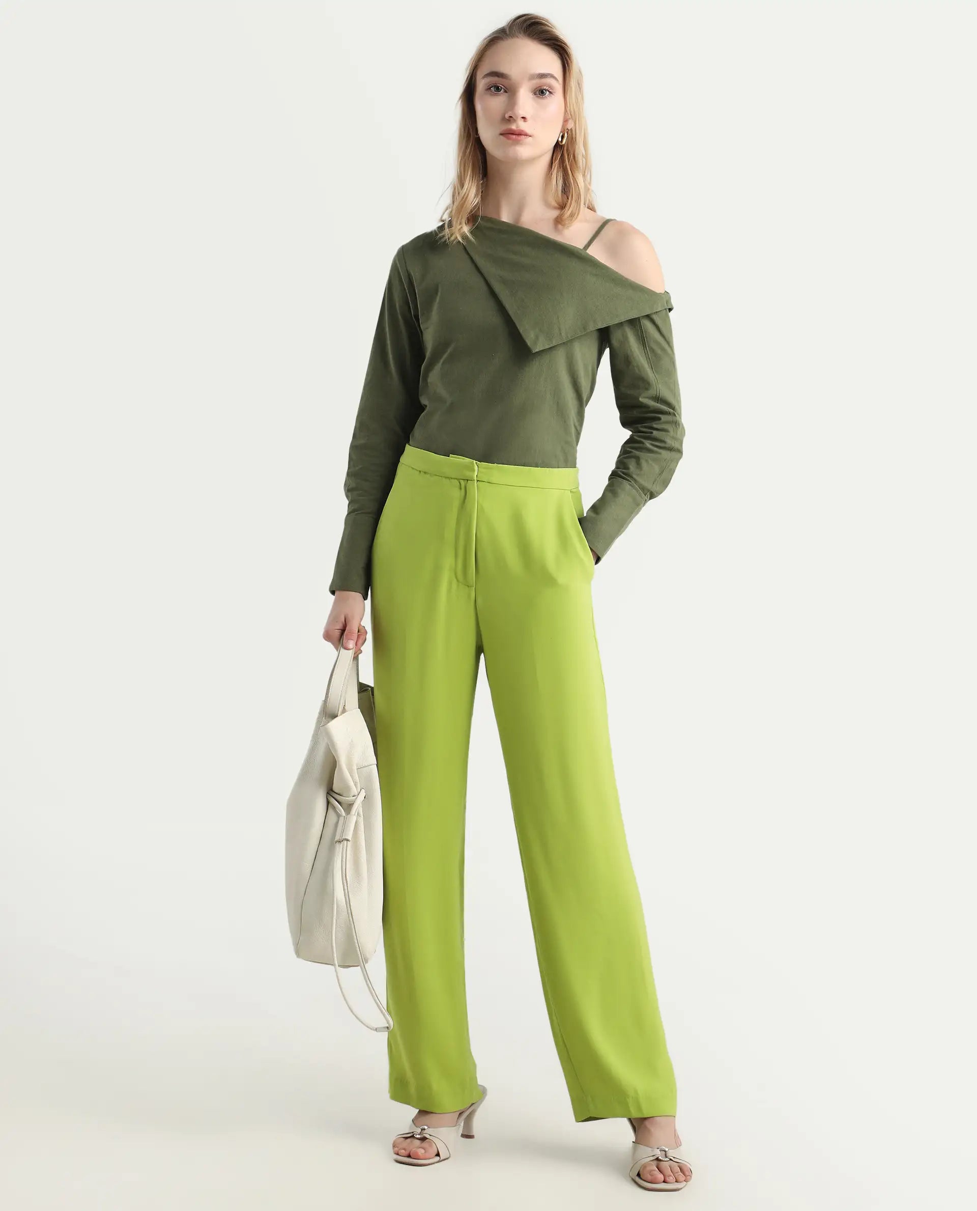 Rareism Women's Waif Green Polyester Blend Plain Ankle Length Straight Fit Trouser