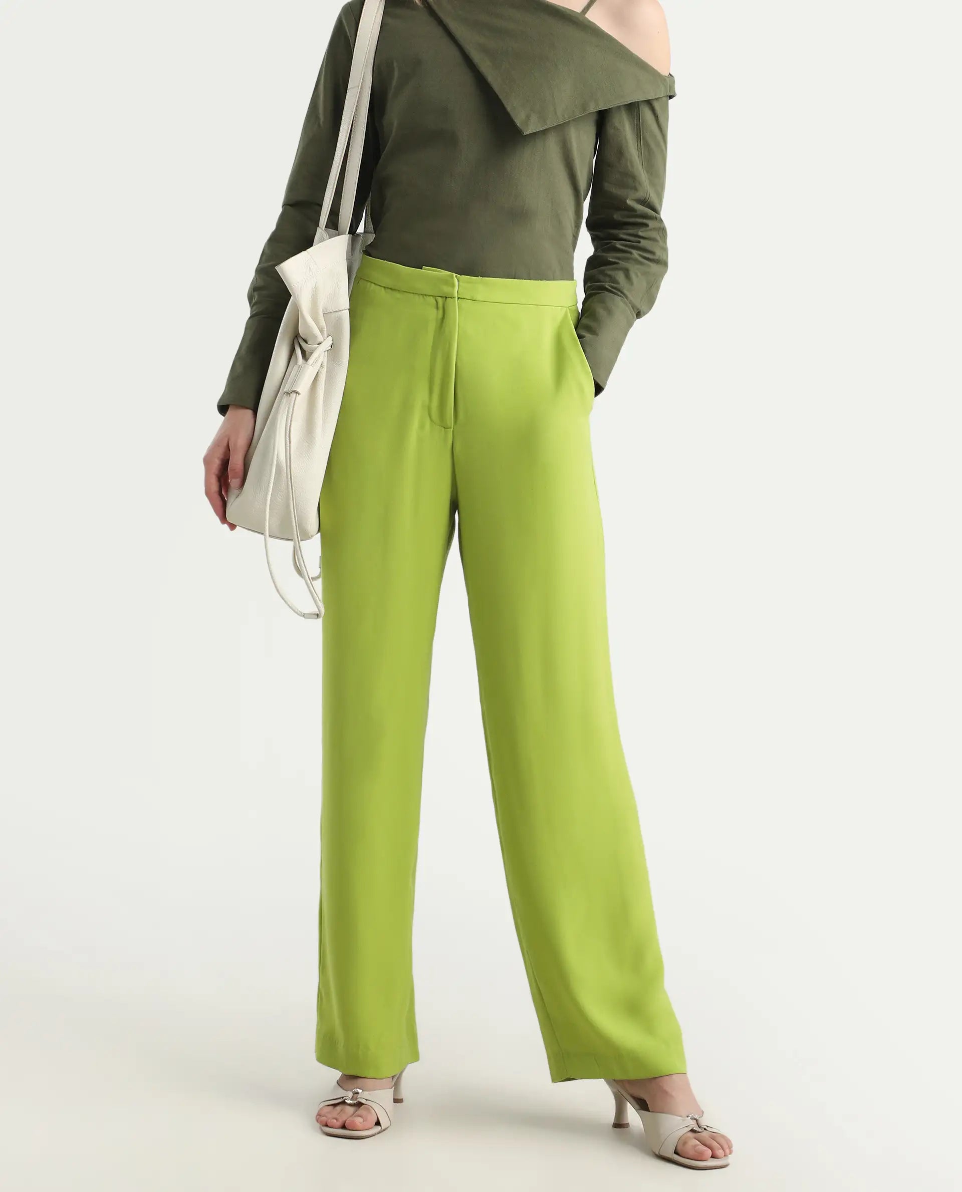 Rareism Women's Waif Green Polyester Blend Plain Ankle Length Straight Fit Trouser