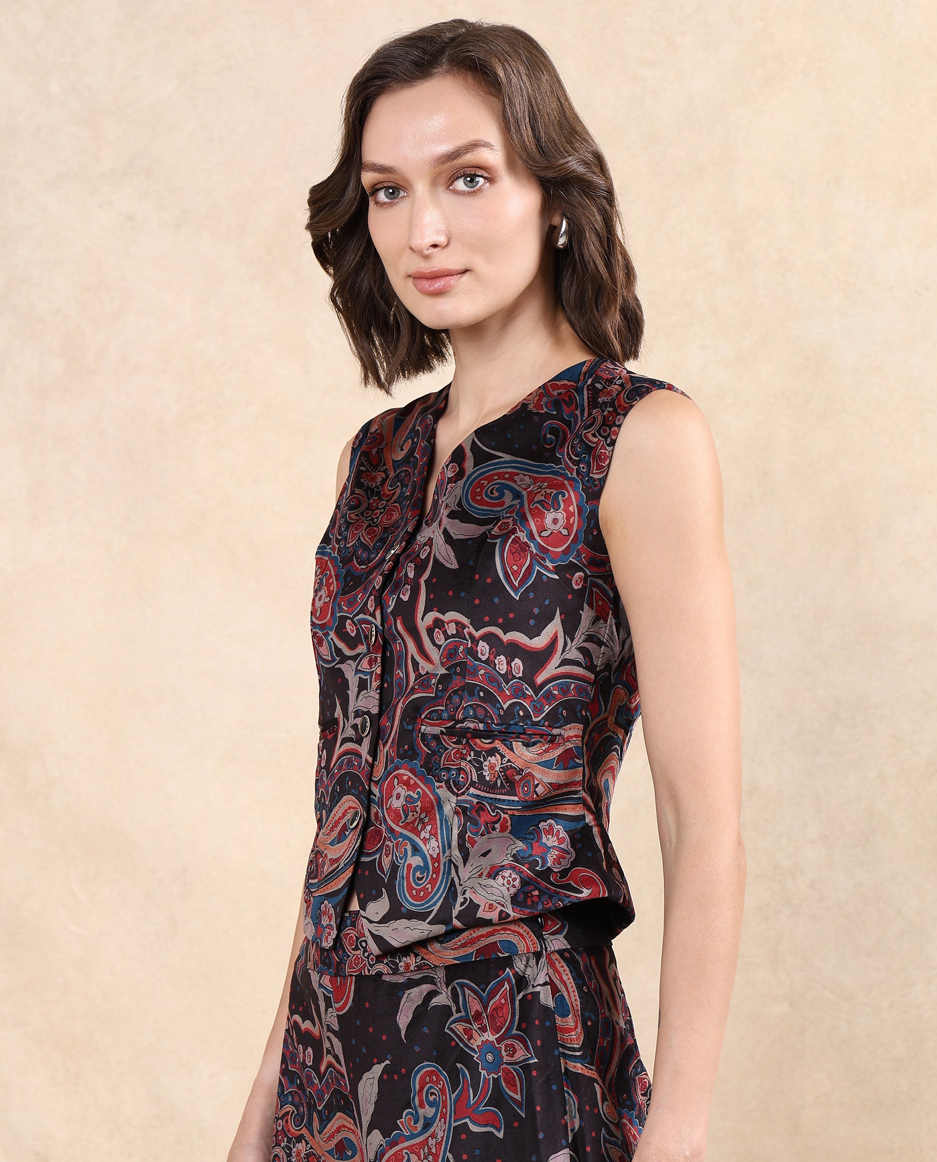 Rareism Women Remen Multi Velvet Sleeveless V-Neck Button Closure Fitted Paisley Print Waist Coat