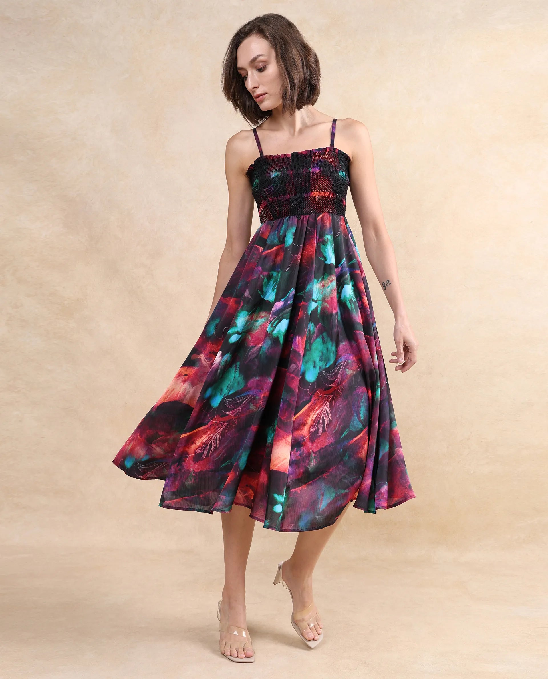 Rareism Women Walbania Dark Multi Sleeveless Tube Neck Fit And Flare Midi Floral Print Dress