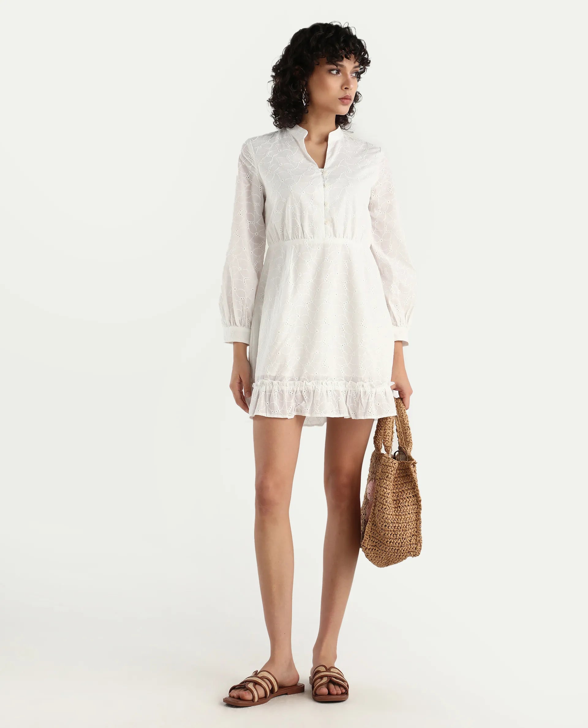 Rareism Women's Walder White Cotton V-Neck Plain Bishop Sleeve Mini A-Line Dress