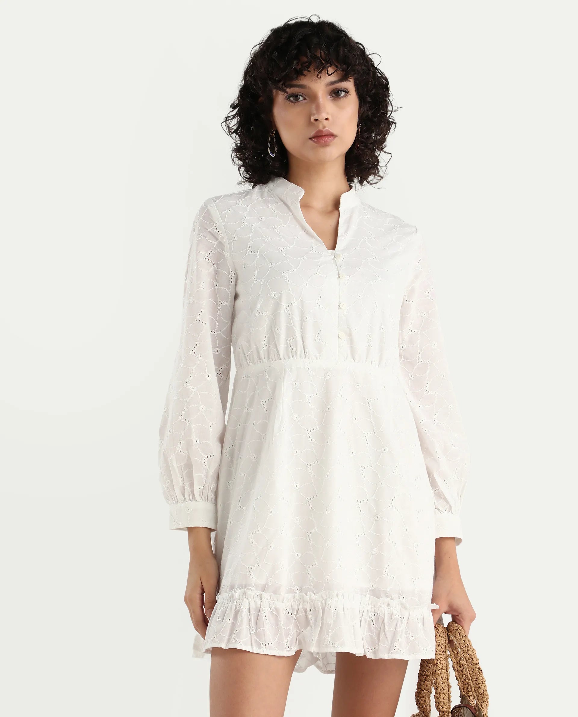 Rareism Women's Walder White Cotton V-Neck Plain Bishop Sleeve Mini A-Line Dress