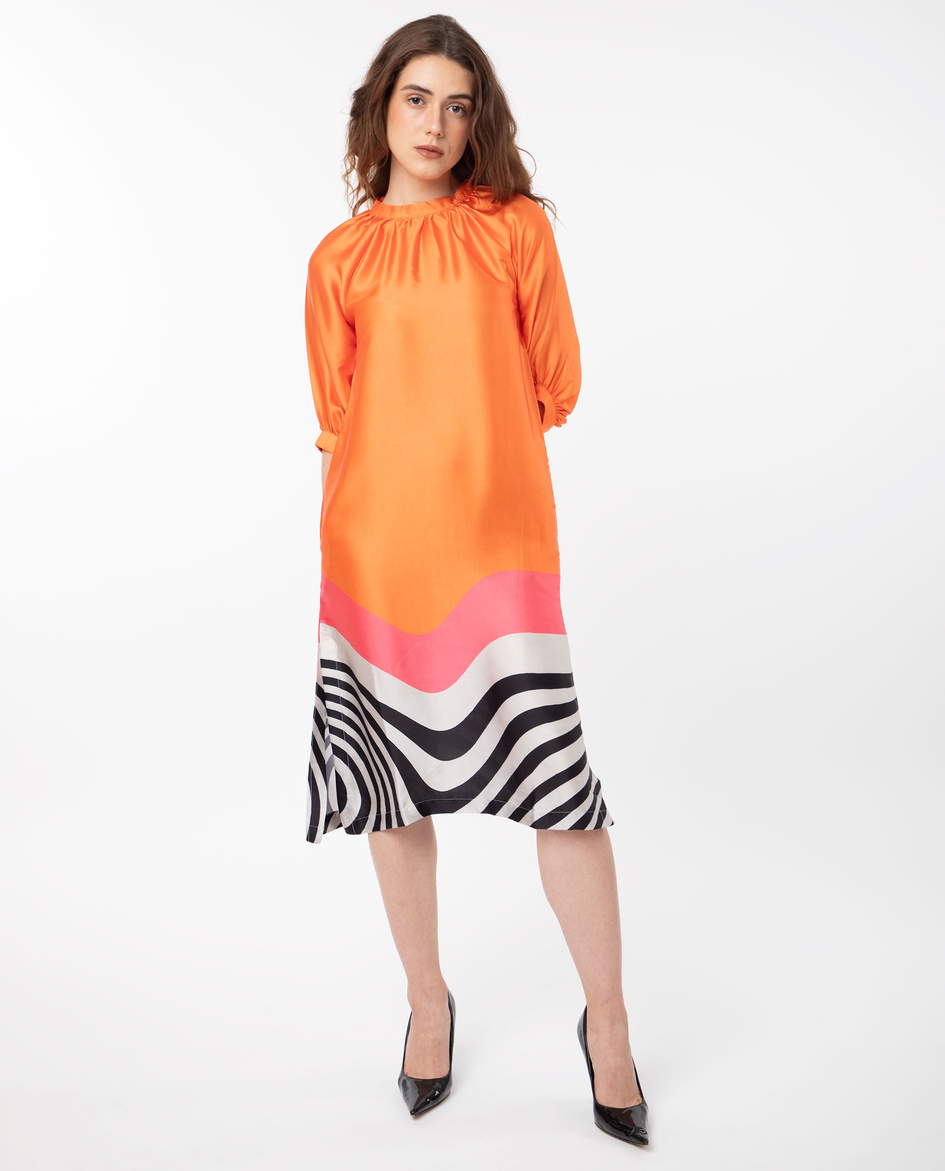 Rareism Women Waldsa Orange Cotton Fabric Short Sleeves High Neck Raglan Sleeve Regular Fit Abstract Print Midi A-Line Dress